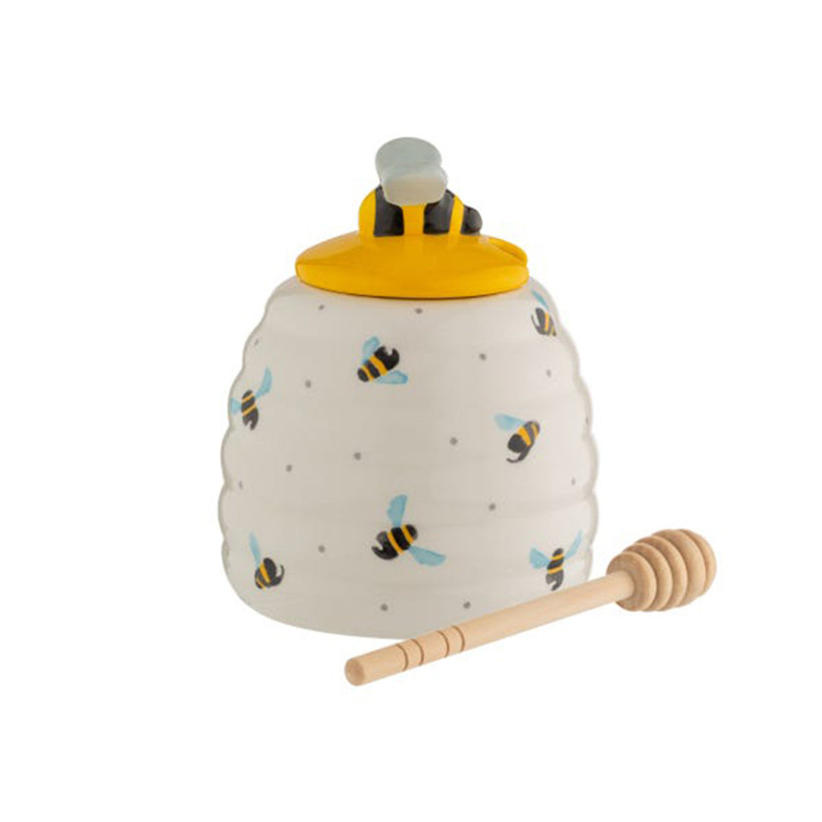 Sweet Bee Honey Serving Pot Ceramic Jar + Wood Honey Dipper Drizzler Set