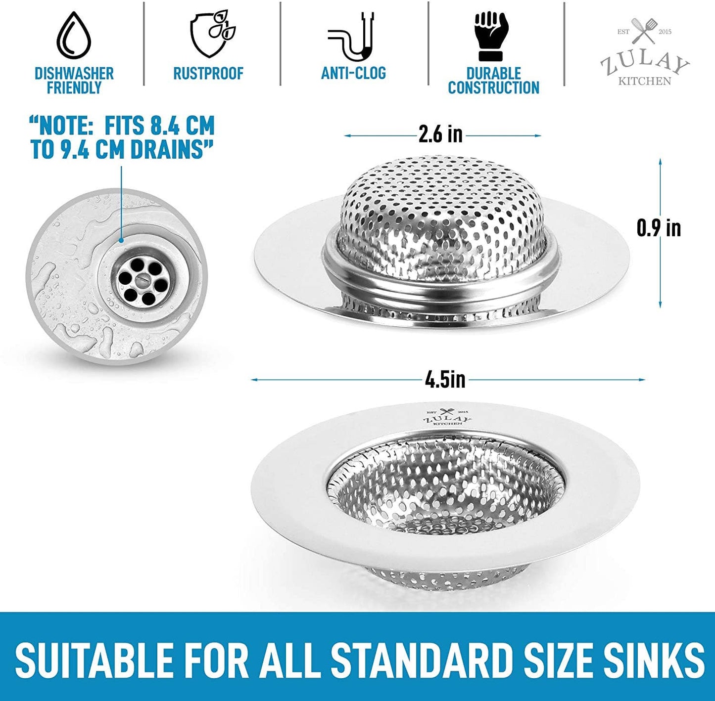 Z-STNLSS-STL-SNK-STRNR-2PCK Sink Drain Strainer (2 Pack) - Wide Rim 4.5” Diameter