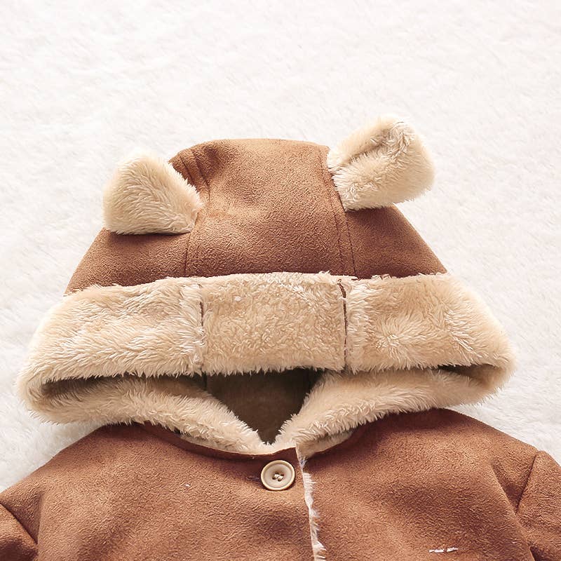 3D Ear Solid Suede and Fleece Baby Hooded Coat Jacket: 12-18 Months / Coffee