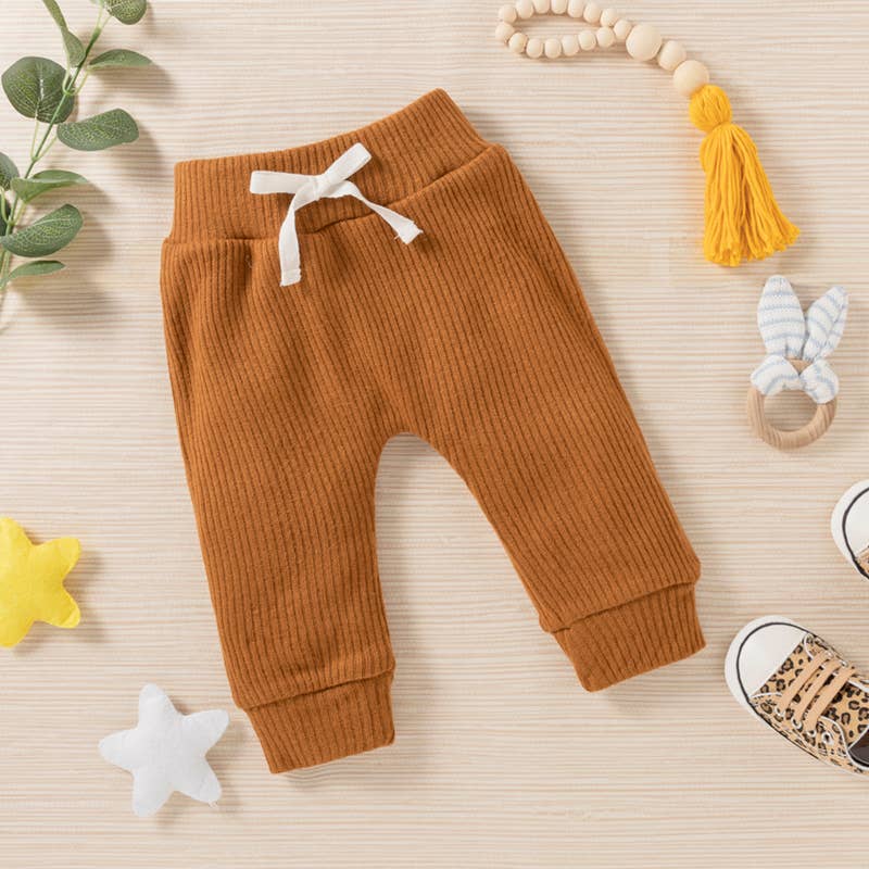 Baby BoyGirl 3pcs Solid Ribbed Long-sleeve and Trouser Set: 12-18 Months / Brown