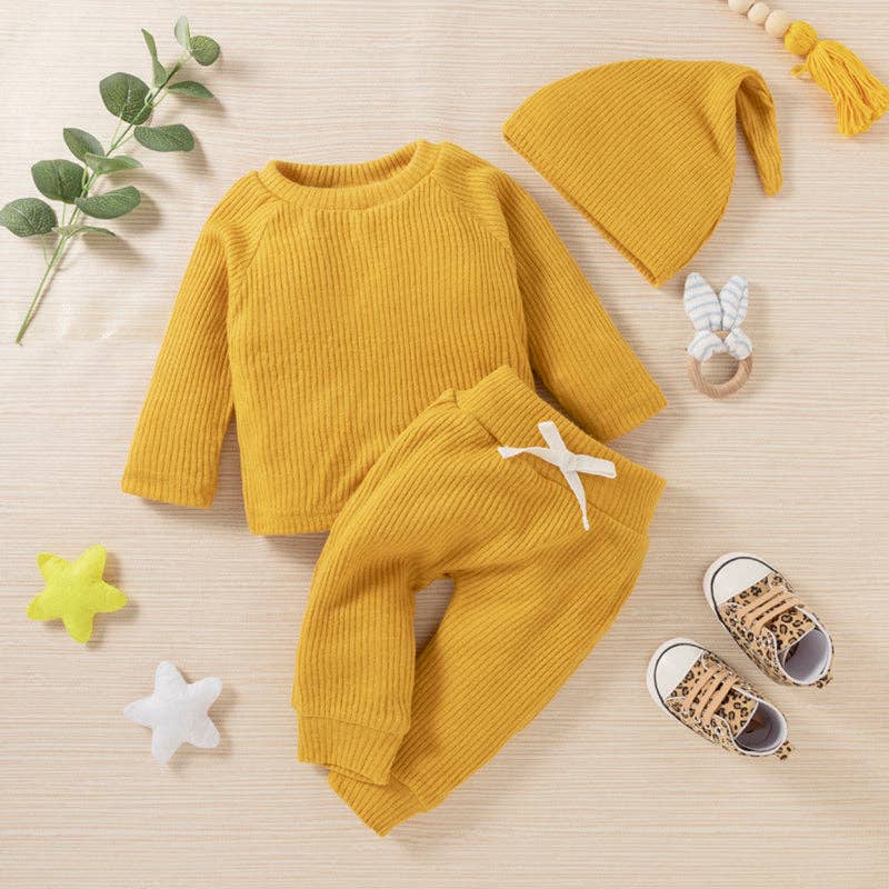 Baby BoyGirl 3pcs Solid Ribbed Long-sleeve and Trouser Set: 3-6 Months / Burgundy