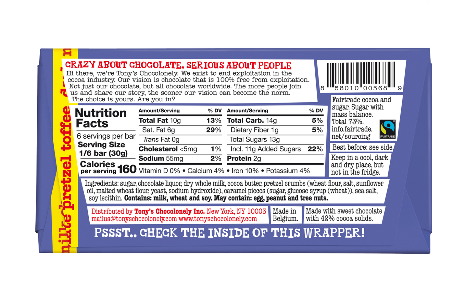 TONY'S dark milk chocolate pretzel toffee 42%, 6.35oz, 1 bar