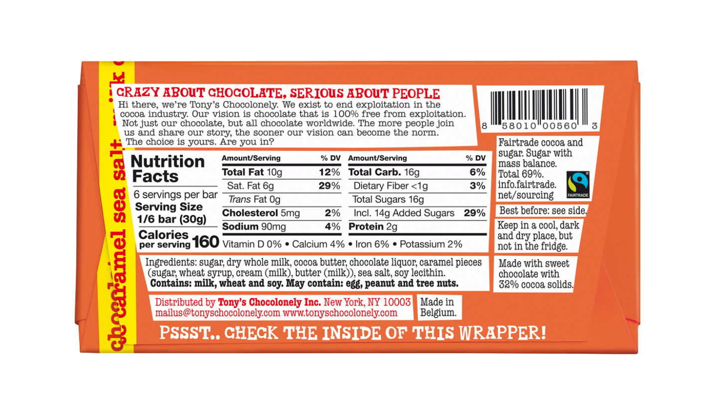 TONY'S milk chocolate caramel sea salt 32%, 6.35oz, 1 bar