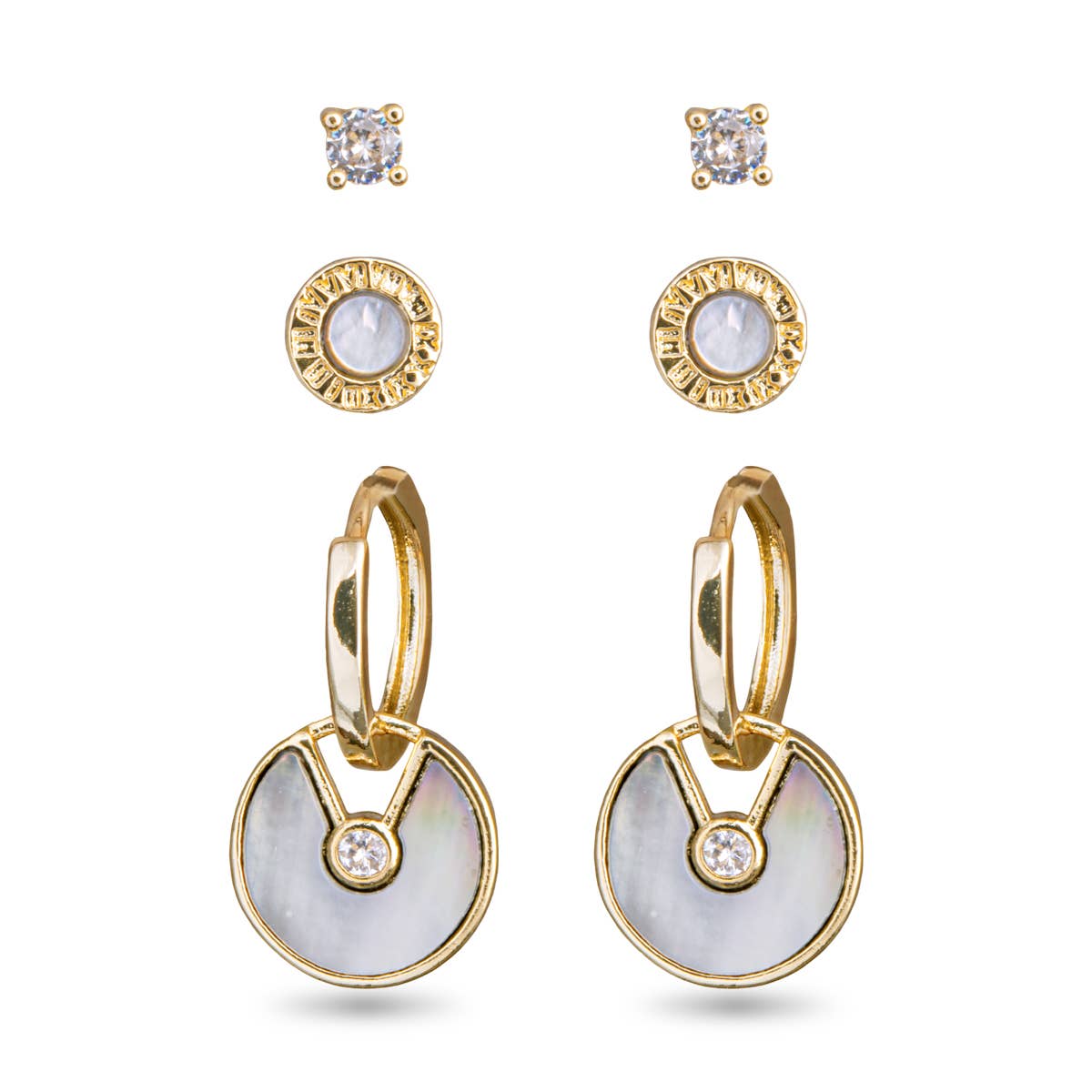 Mother of Pearl and CZ Trio Earring Set - Gold - AMANDA BLU AG