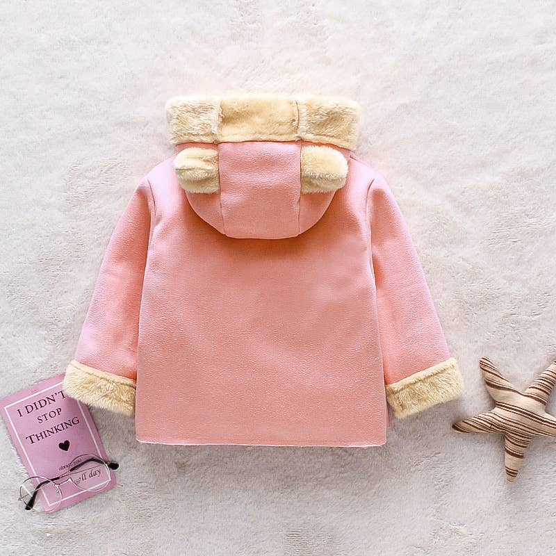 3D Ear Solid Suede and Fleece Baby Hooded Coat Jacket: 12-18 Months / Coffee