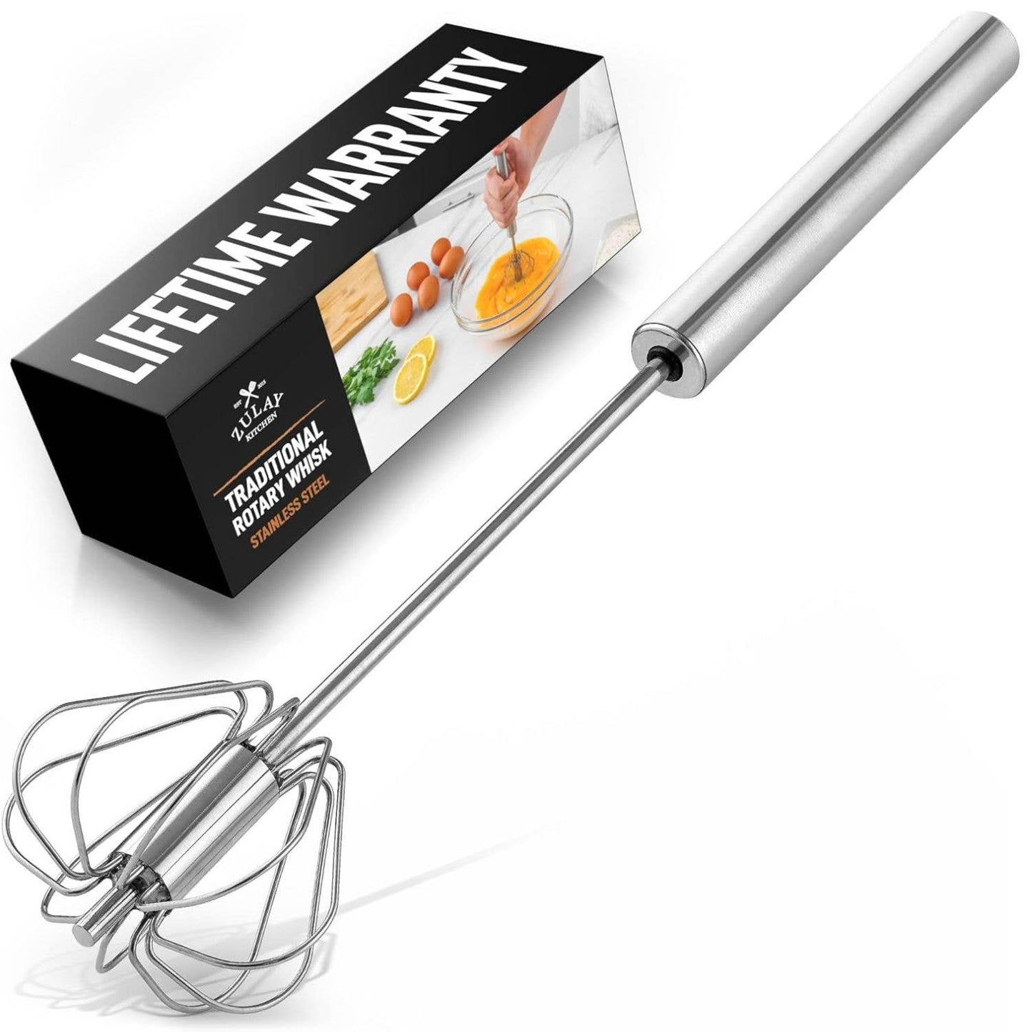 Z-RTY-WSK-WT Traditional Rotary Push Whisk - Egg Beater: White