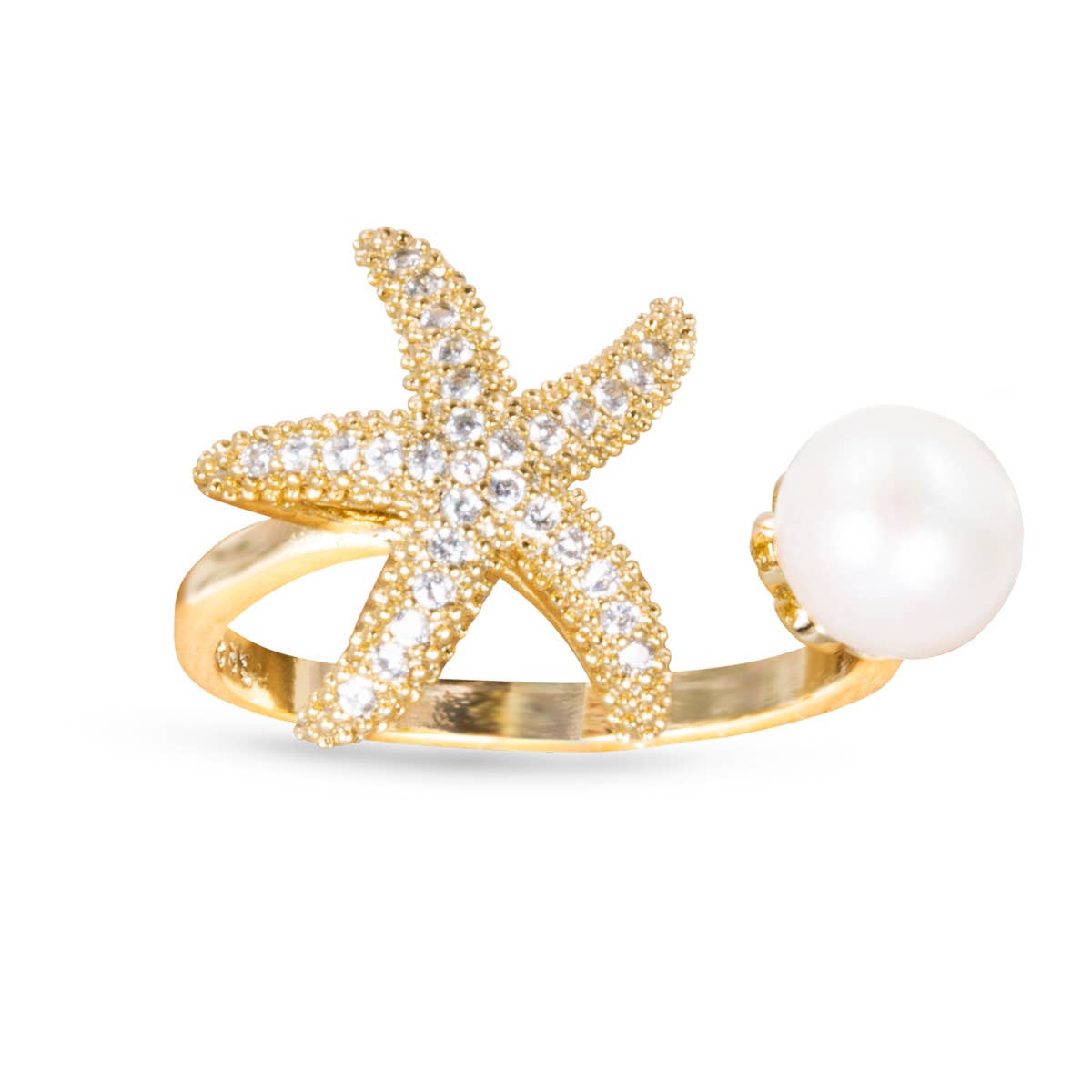 CZ Starfish and Pearl Open Ring - Size 8 - AMANDA BLU