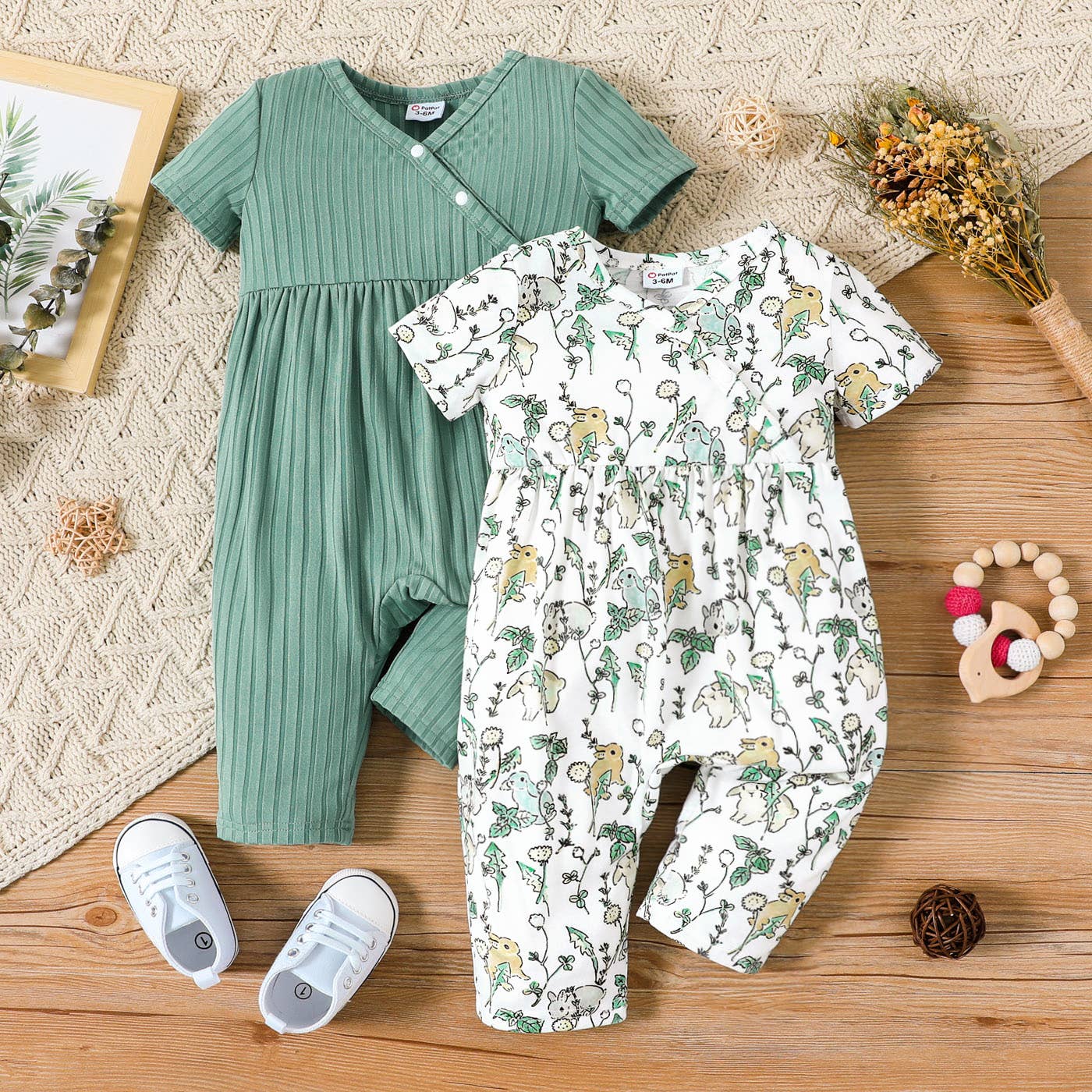 Baby Girl All Over Rabbit Solid Ribbed V Neck Jumpsuit: 3-6 Months / Color block