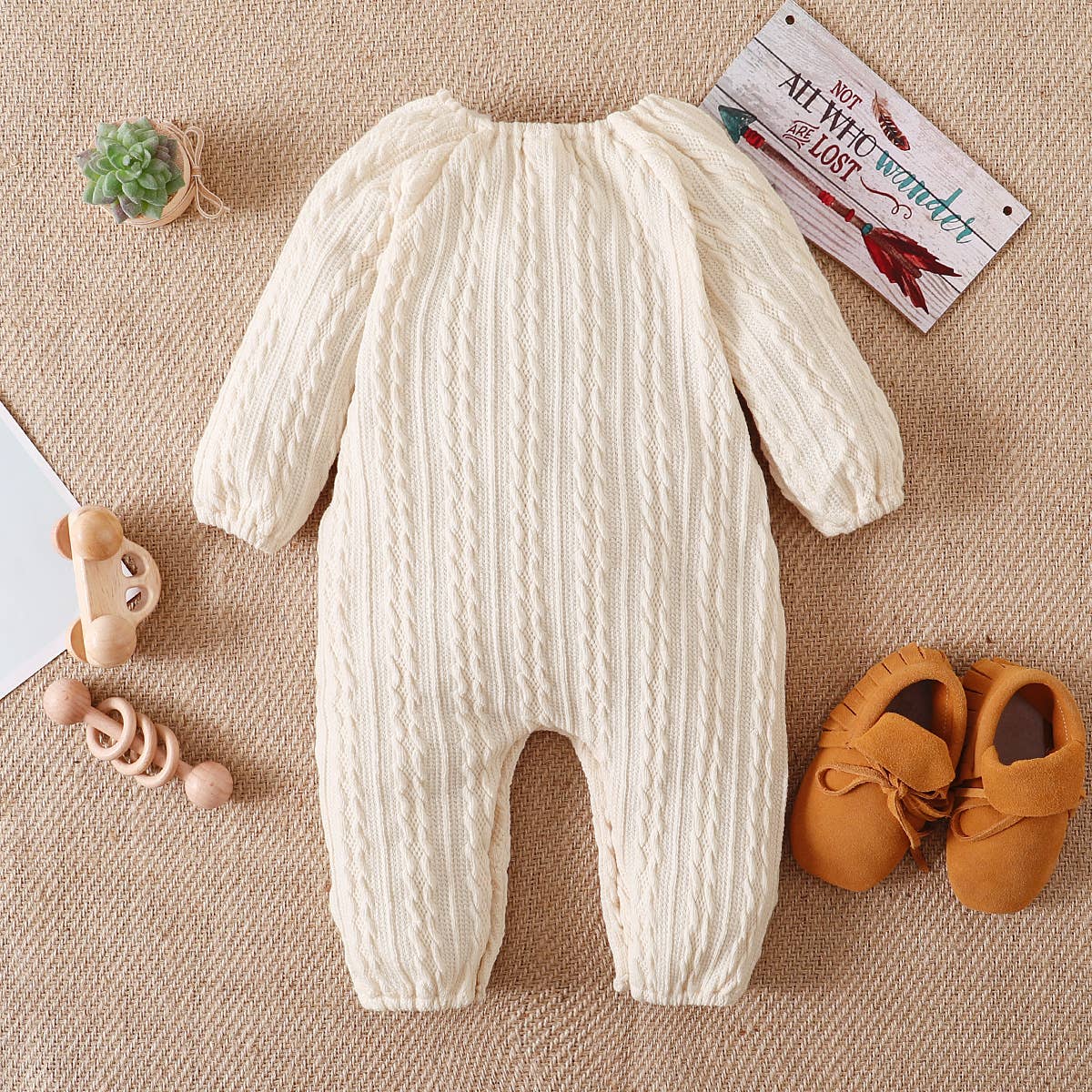 Solid Knitted Button Design Long-sleeve Baby Jumpsuit: 0-3 Months / White