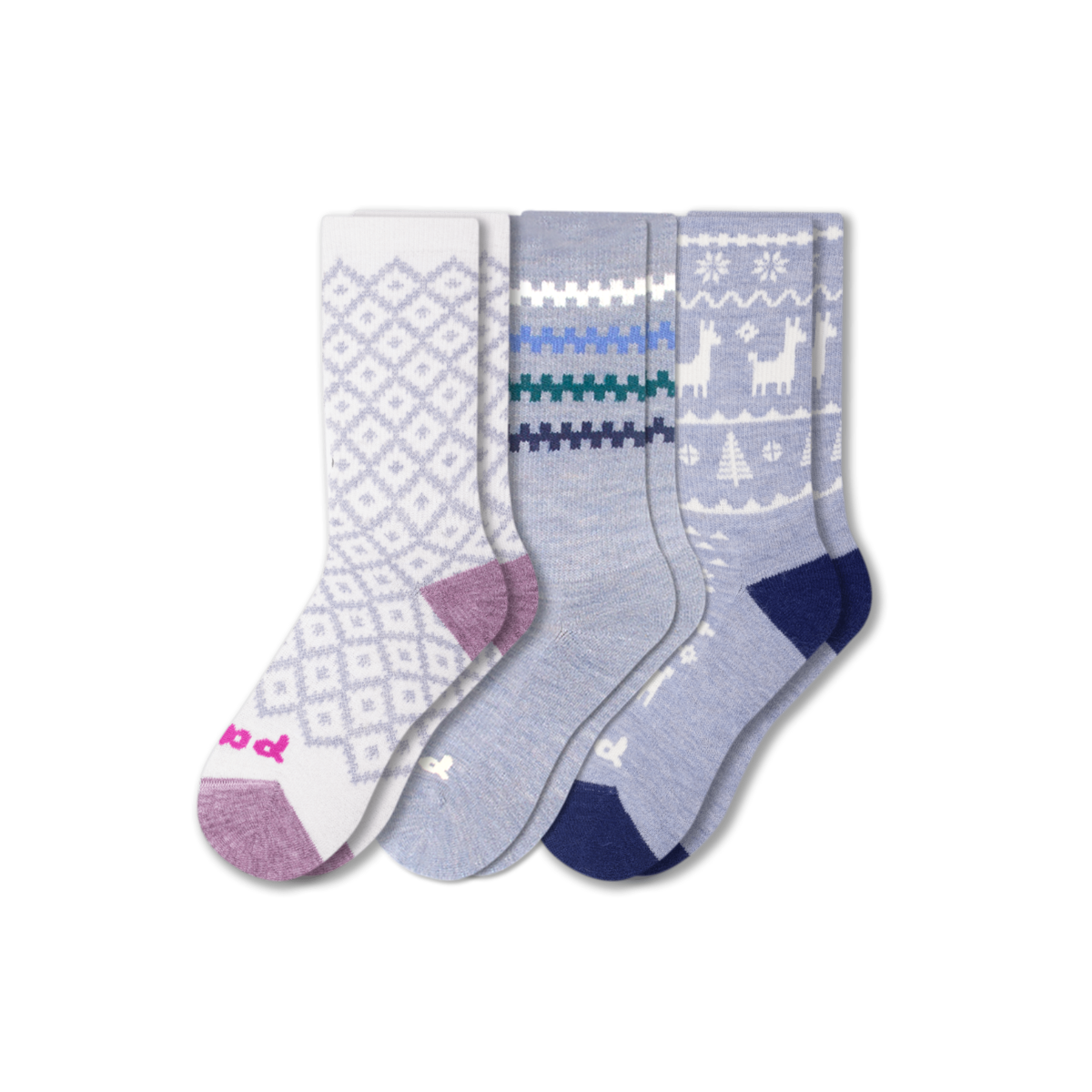 3 Pack - Women's Crew Pacas Socks: Medium / Large (US: 8.5 - 11.5+) / Multi-Stripe/Gray & SOLID/Teal & VARIEGATED STRIPE/ Chambray/ Treetop