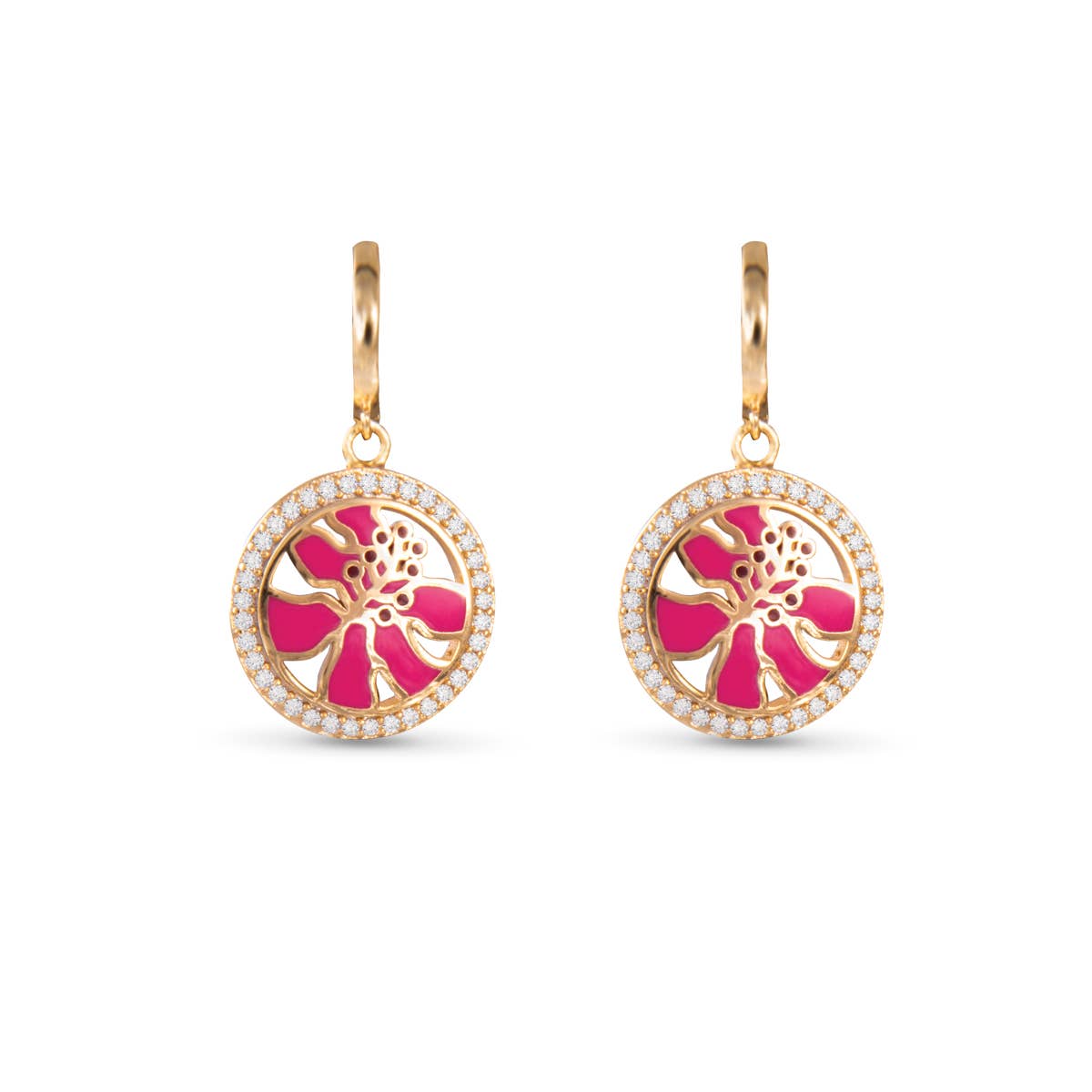 Enamel Pink Hibiscus and CZ Earrings - Gold - AMANDA BLU