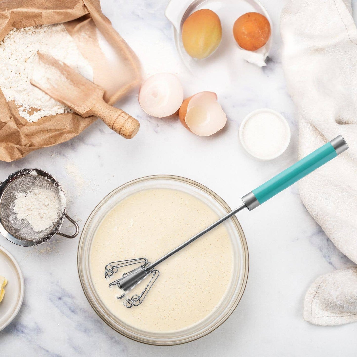 Z-RTY-WSK-WT Traditional Rotary Push Whisk - Egg Beater: White