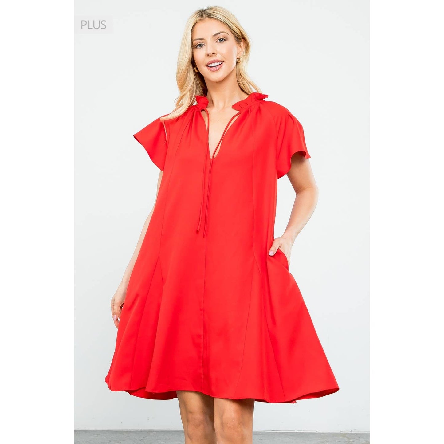 /Size XL/ Flutter Sleeve Split Tie Neck Casual Mini Dress: BLACK / XL