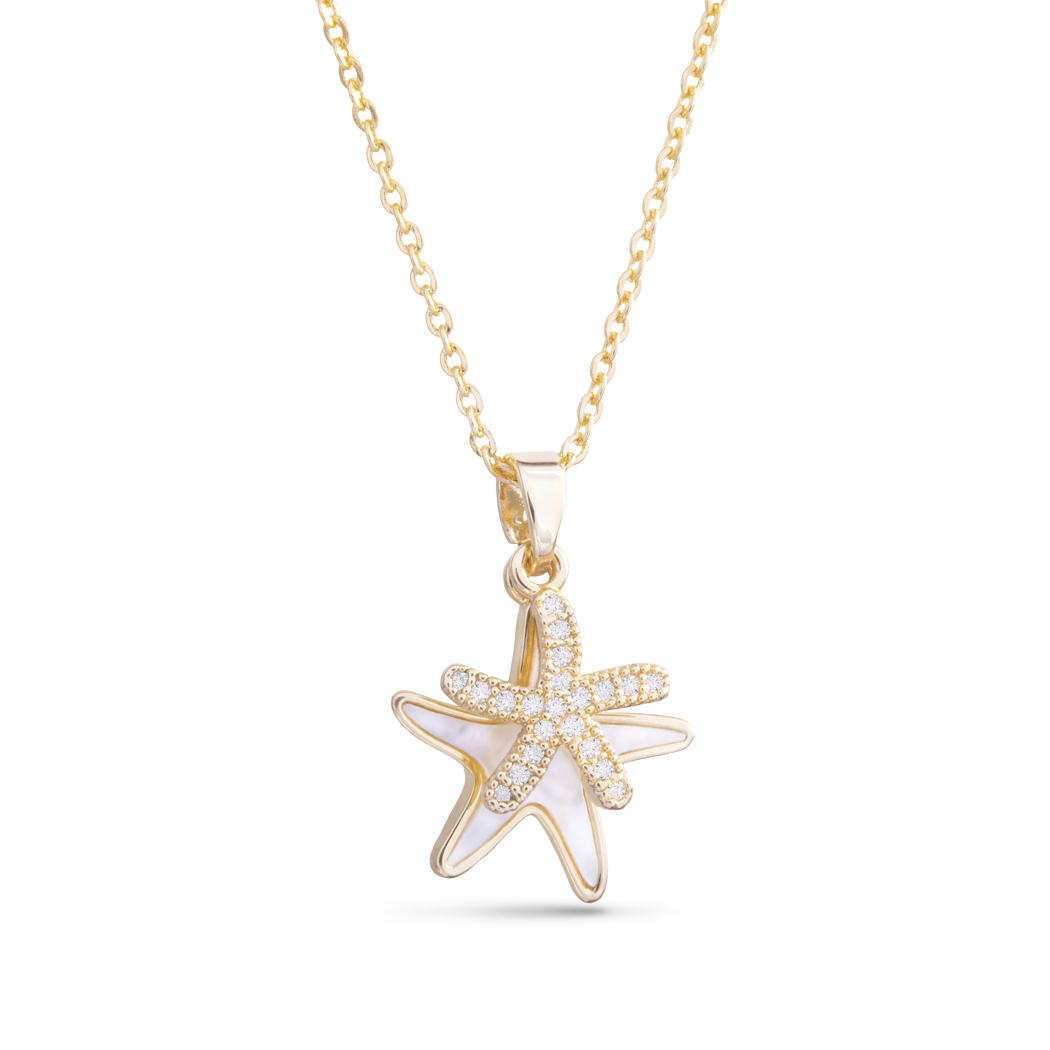 Mother of Pearl and CZ Double Starfish Necklace: Silver