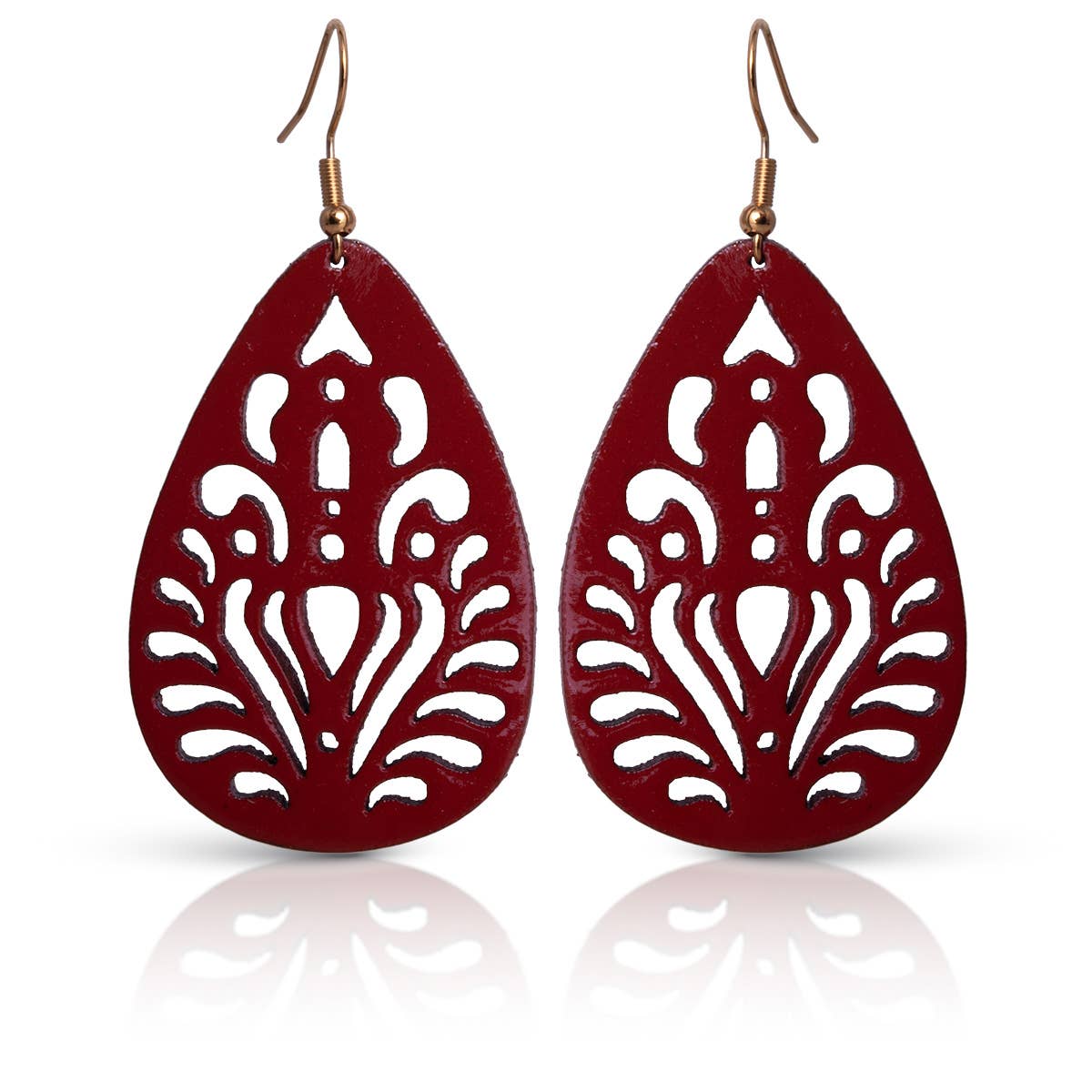Laser Cut Leather Teardrop Earrings - Red