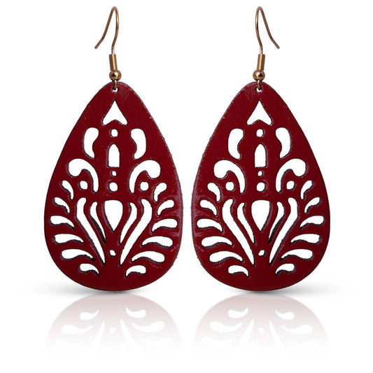 Laser Cut Leather Teardrop Earrings - Red - AMANDA BLU