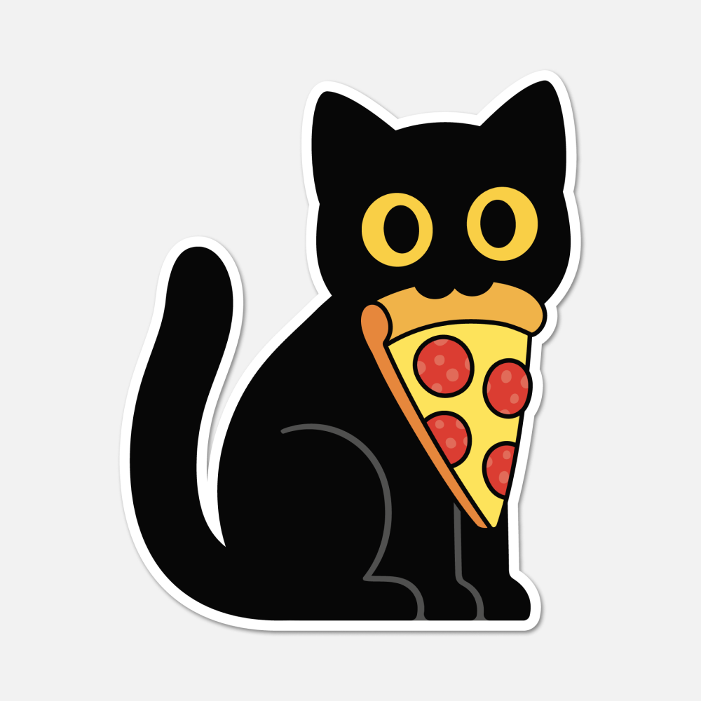 Black Cat With A Slice Of Pepperoni Pizza - Cat Sticker