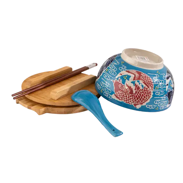 Japan Koi Fish Bowl w/ Chopsticks, Spoon, Lid and Trivet Set