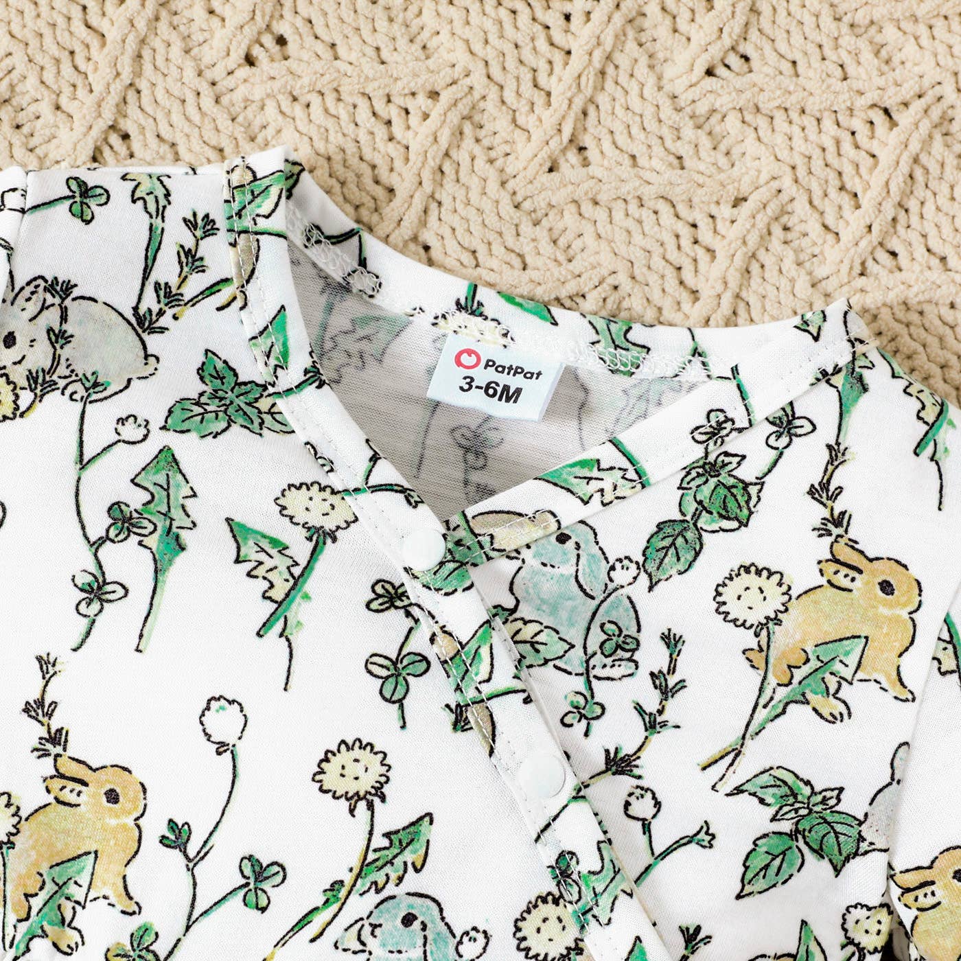 Baby Girl All Over Rabbit Solid Ribbed V Neck Jumpsuit: 0-3 Months / GrayGreen