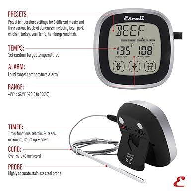 Escali Touch Screen LCD Display Digital Timer, with Temperature Alert, Black