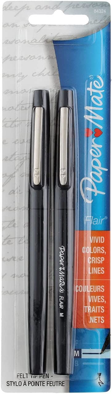 PEN FLAIR FELT TIP MED BLK 2PK