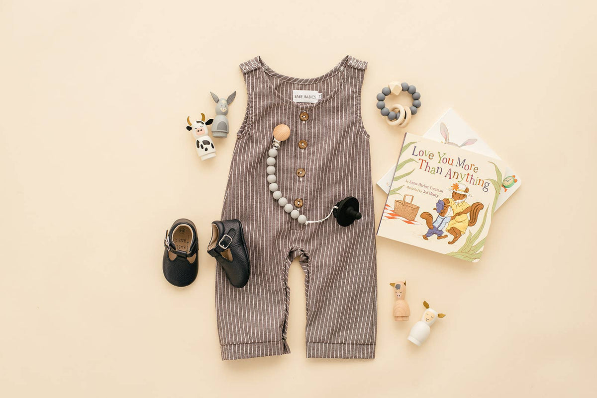 Grey Striped Linen Romper: 0-3m