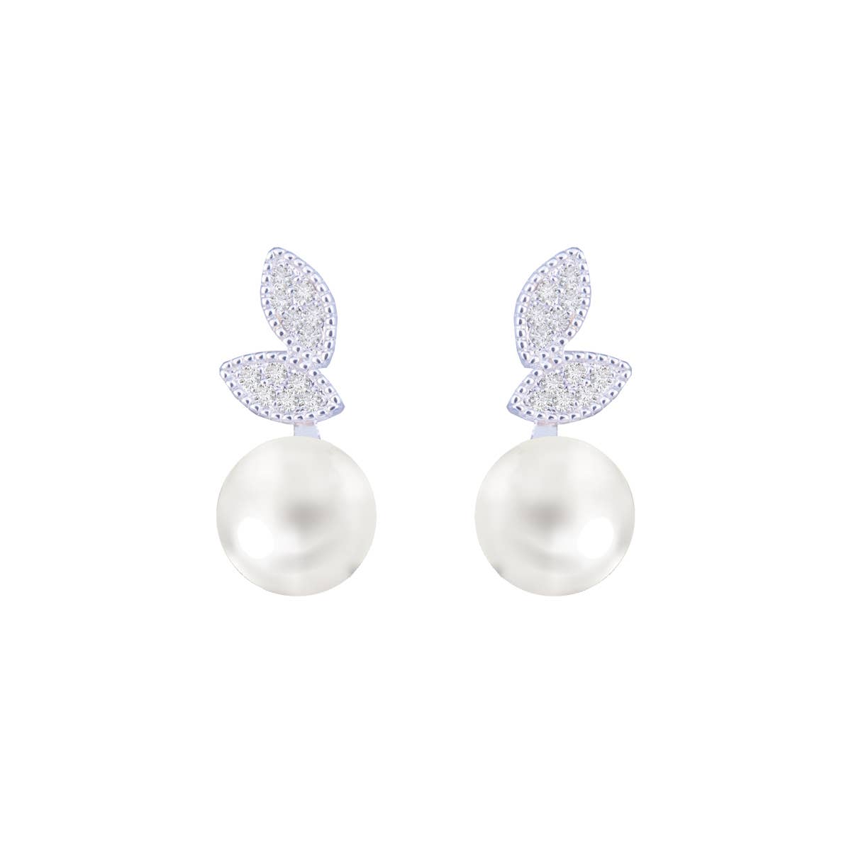 CZ Leaf with Pearl Earrings - Silver