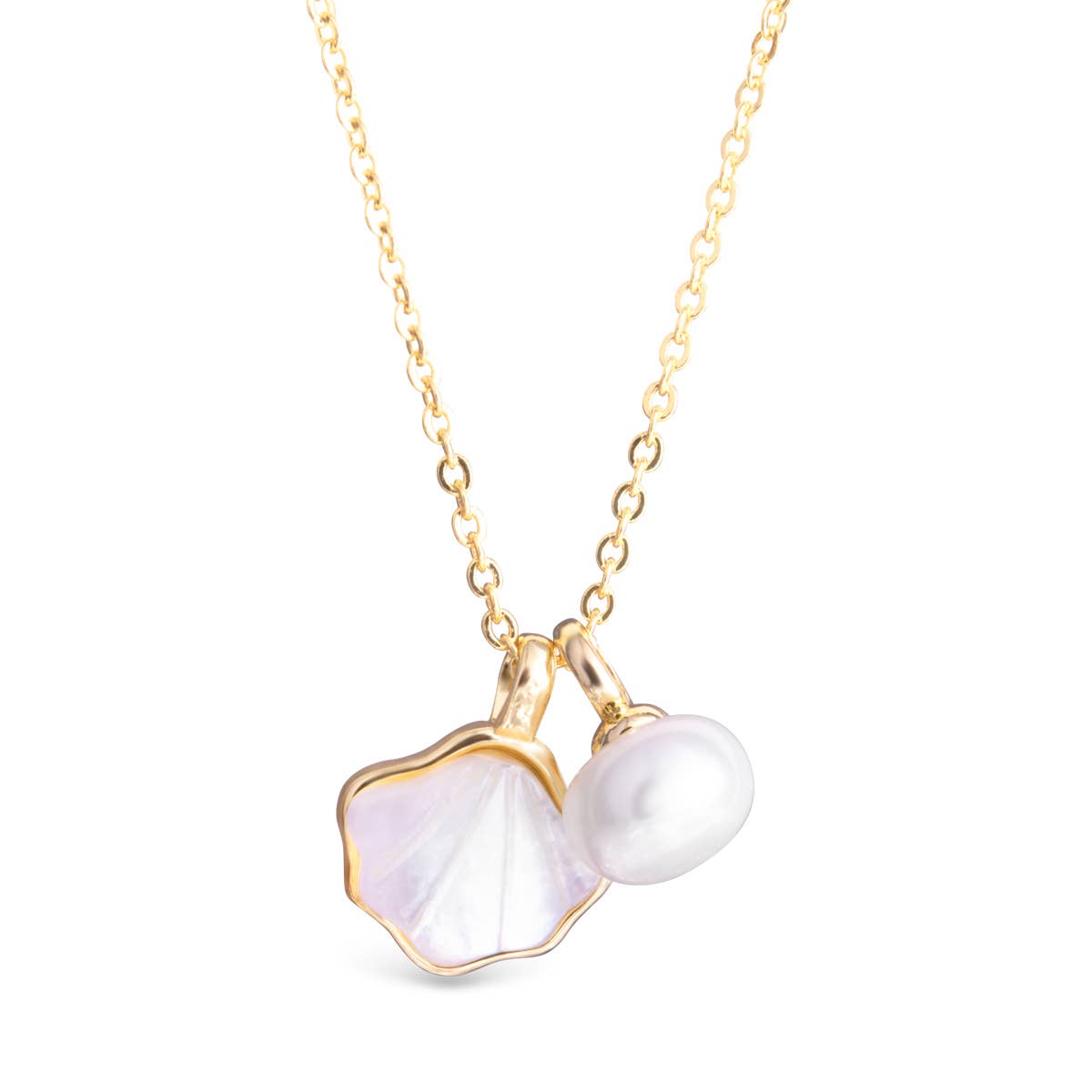 Mother of Pearl Shell and Pearl Necklace - Gold