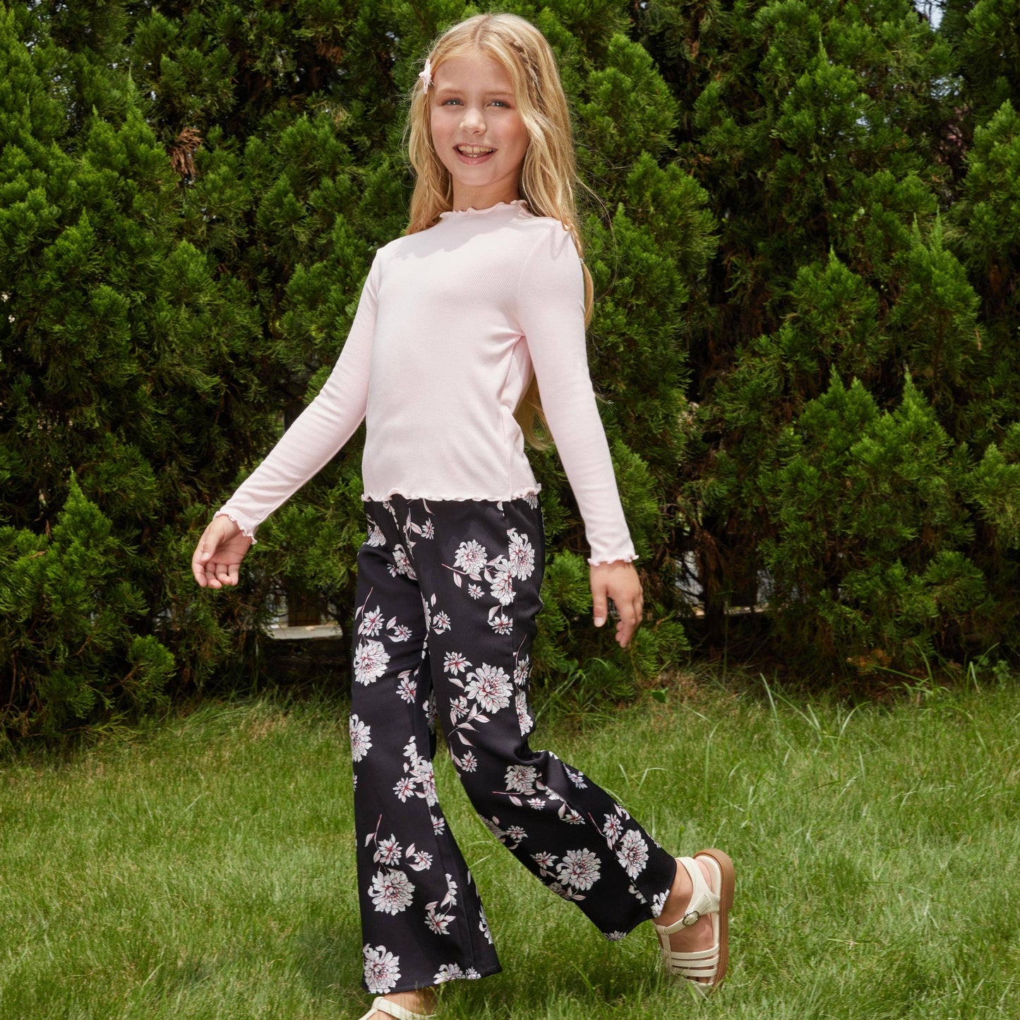 Kid Girl Ruffled Tee & Flared Pants Set: Pink / Kids: 8-9 Years