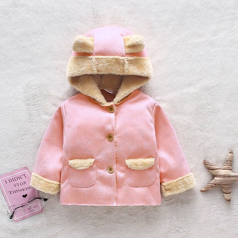 3D Ear Solid Suede and Fleece Baby Hooded Coat Jacket: 12-18 Months / Coffee