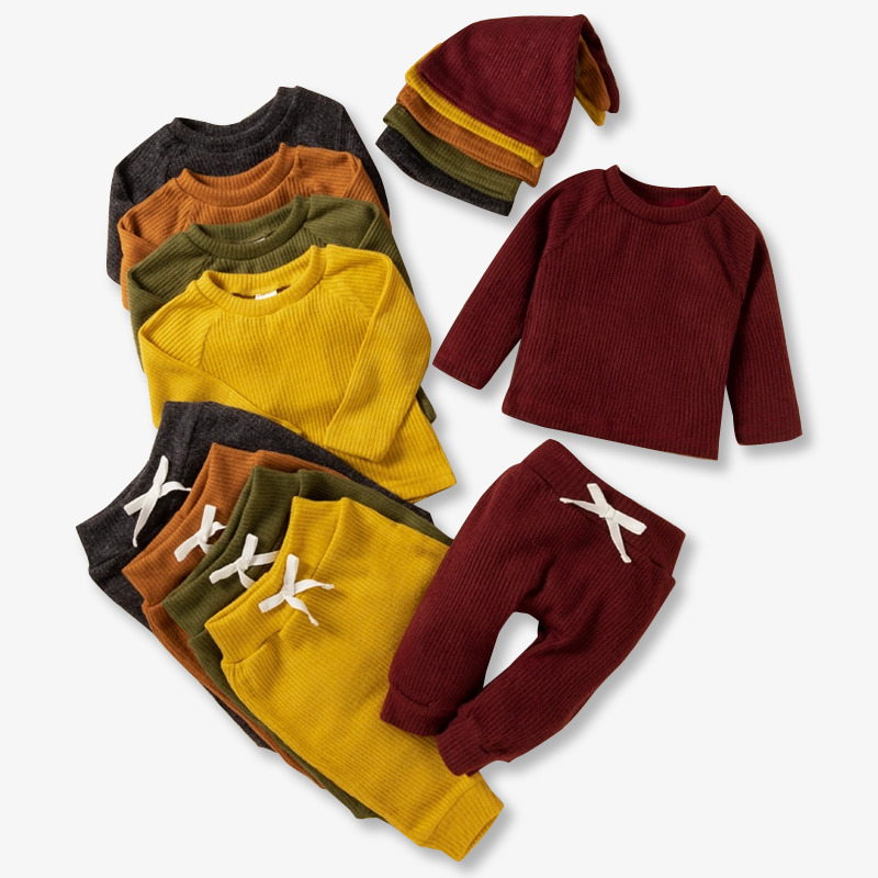 Baby BoyGirl 3pcs Solid Ribbed Long-sleeve and Trouser Set: 3-6 Months / Burgundy