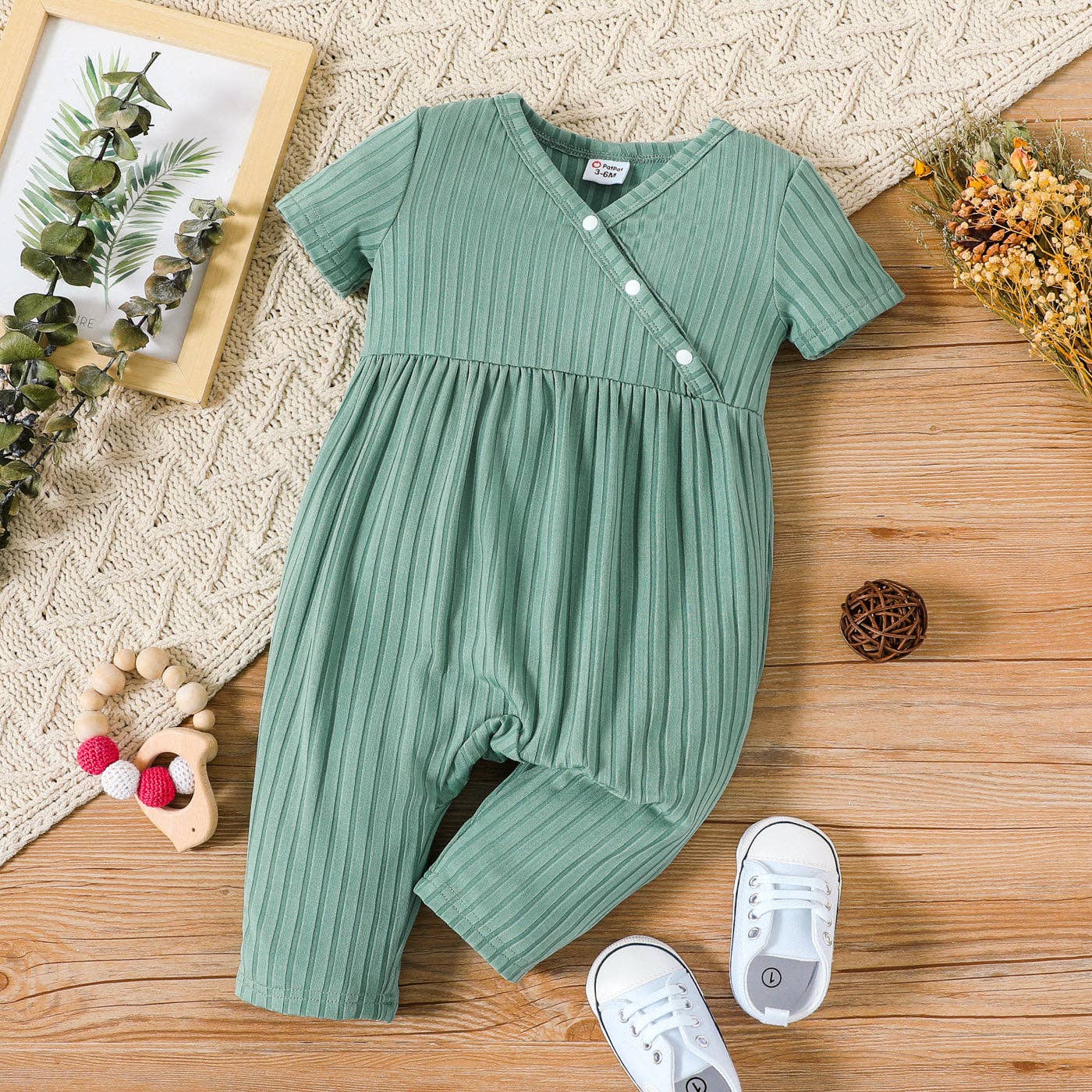 Baby Girl All Over Rabbit Solid Ribbed V Neck Jumpsuit: 3-6 Months / Color block