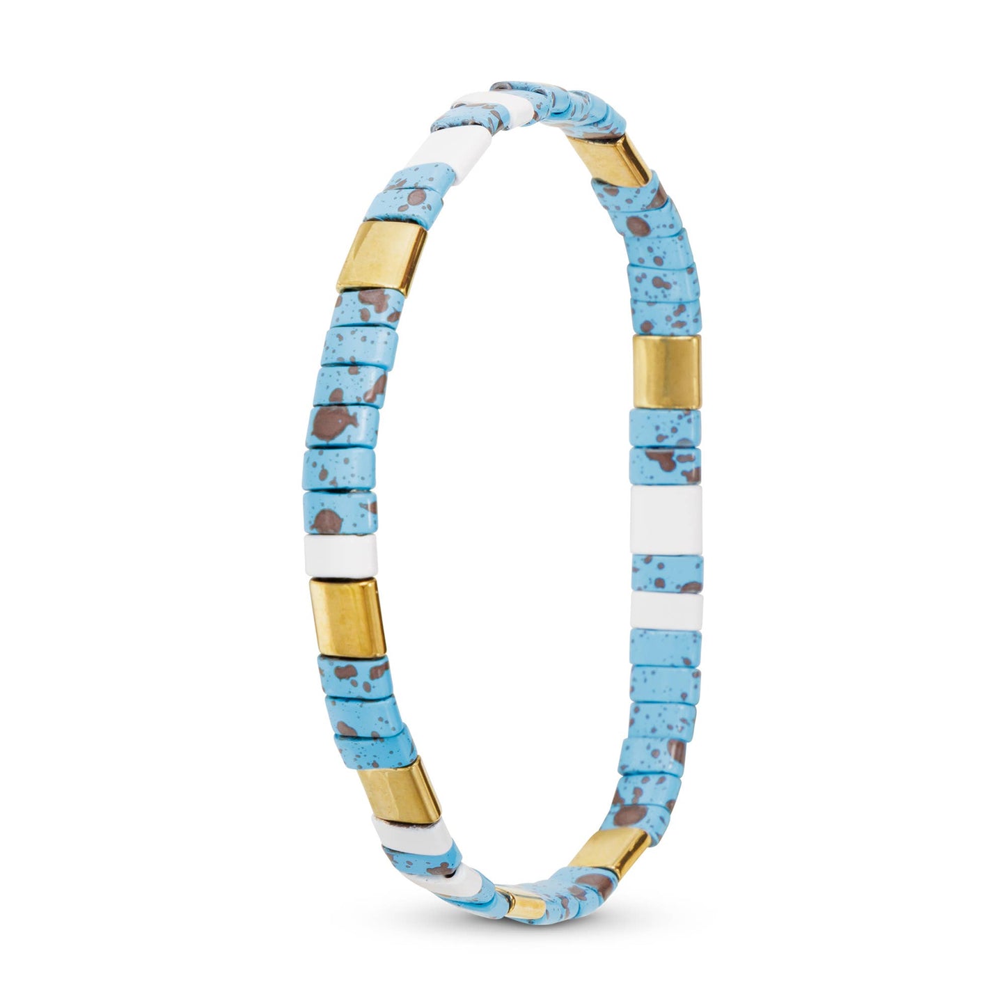 Gold Flat Bead Stretch Bracelet: White & Turquoise