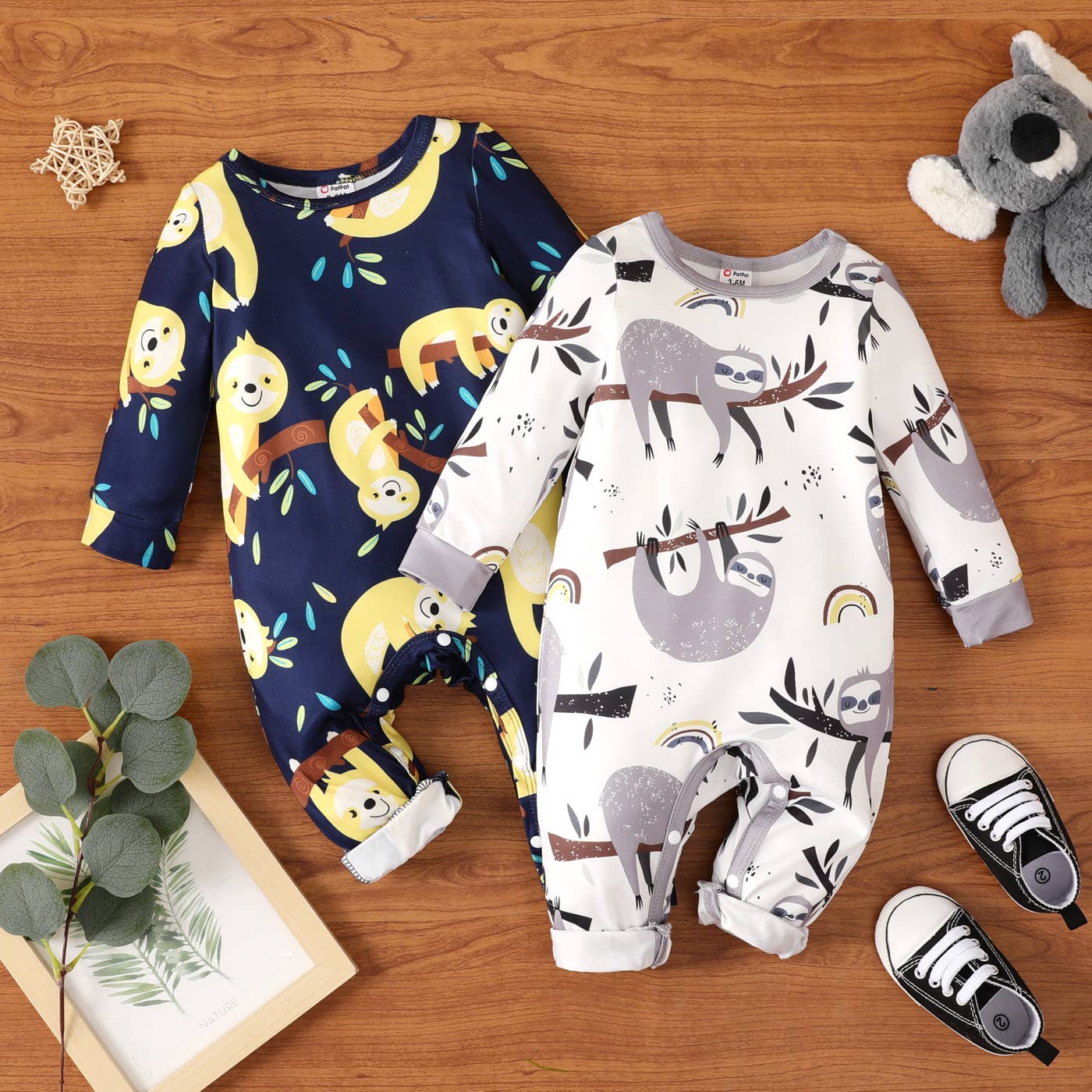 Baby Boy Cartoon Sloth Print White Long-sleeve Jumpsuit: 9-12 Months / White