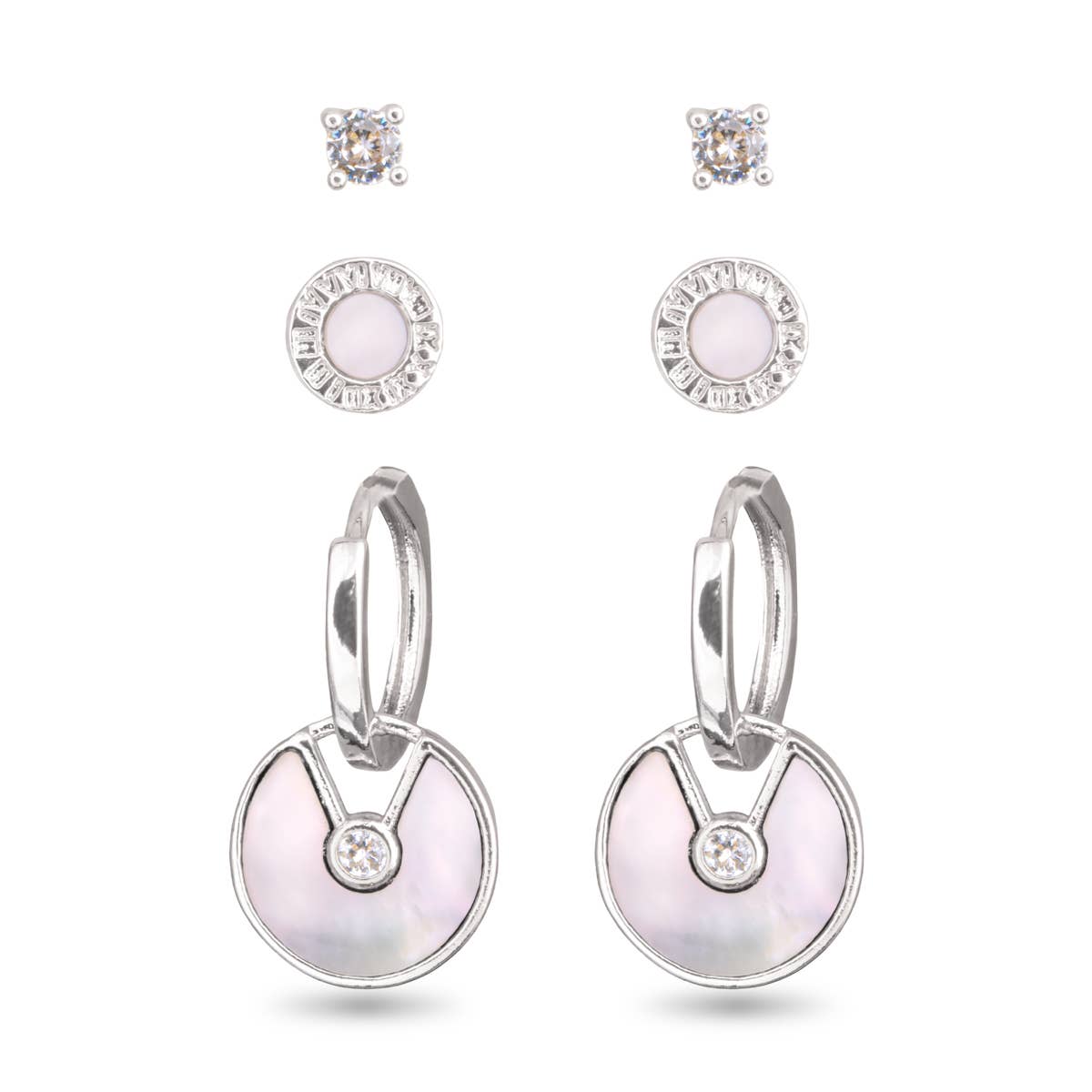 Mother of Pearl and CZ Trio Earring Set - Silver - AMANDA BLU