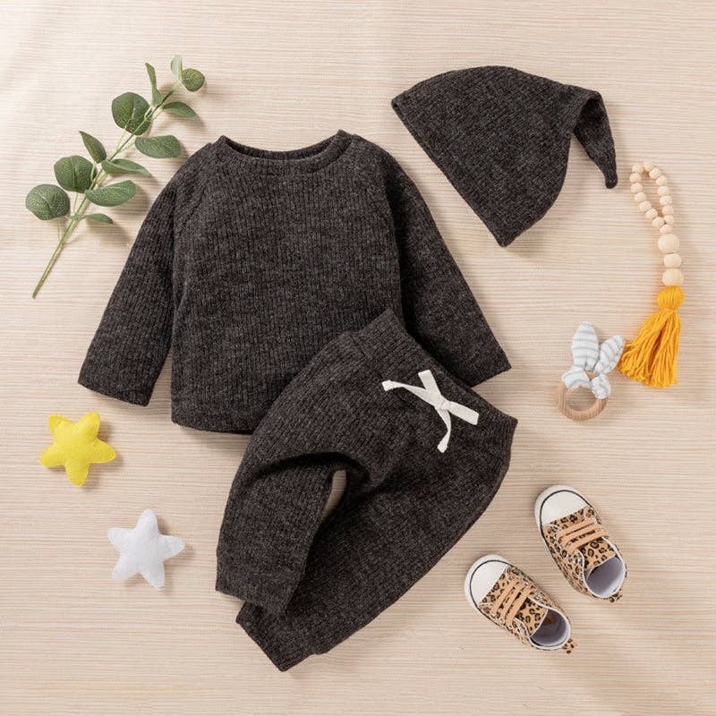 Baby BoyGirl 3pcs Solid Ribbed Long-sleeve and Trouser Set: 0-3 Months / Army green