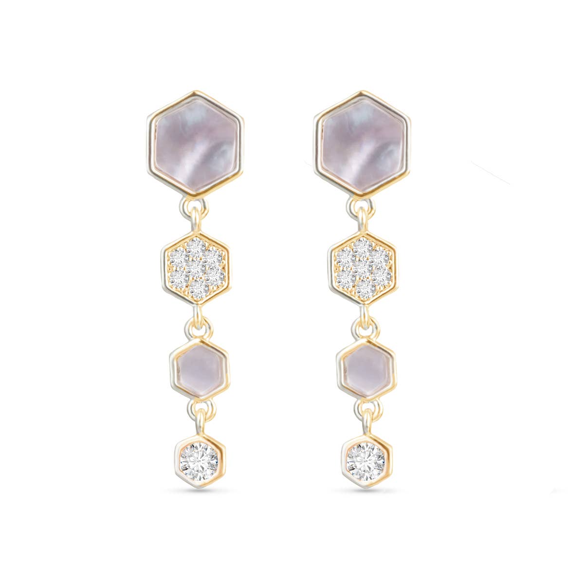 Mother of Pearl and CZ Hexagon Drop Earrings - Gold - AMANDA BLU AG