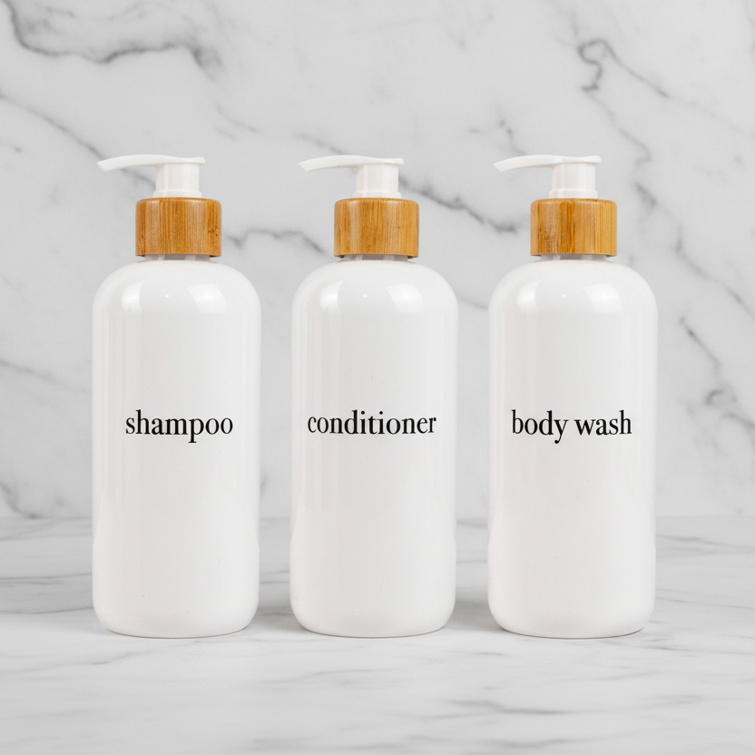 Shampoo & Conditioner Bottle Sets - Refillable | White Dispensers | Bamboo or Plastic Tops: White / Conditioner / Black / Plastic