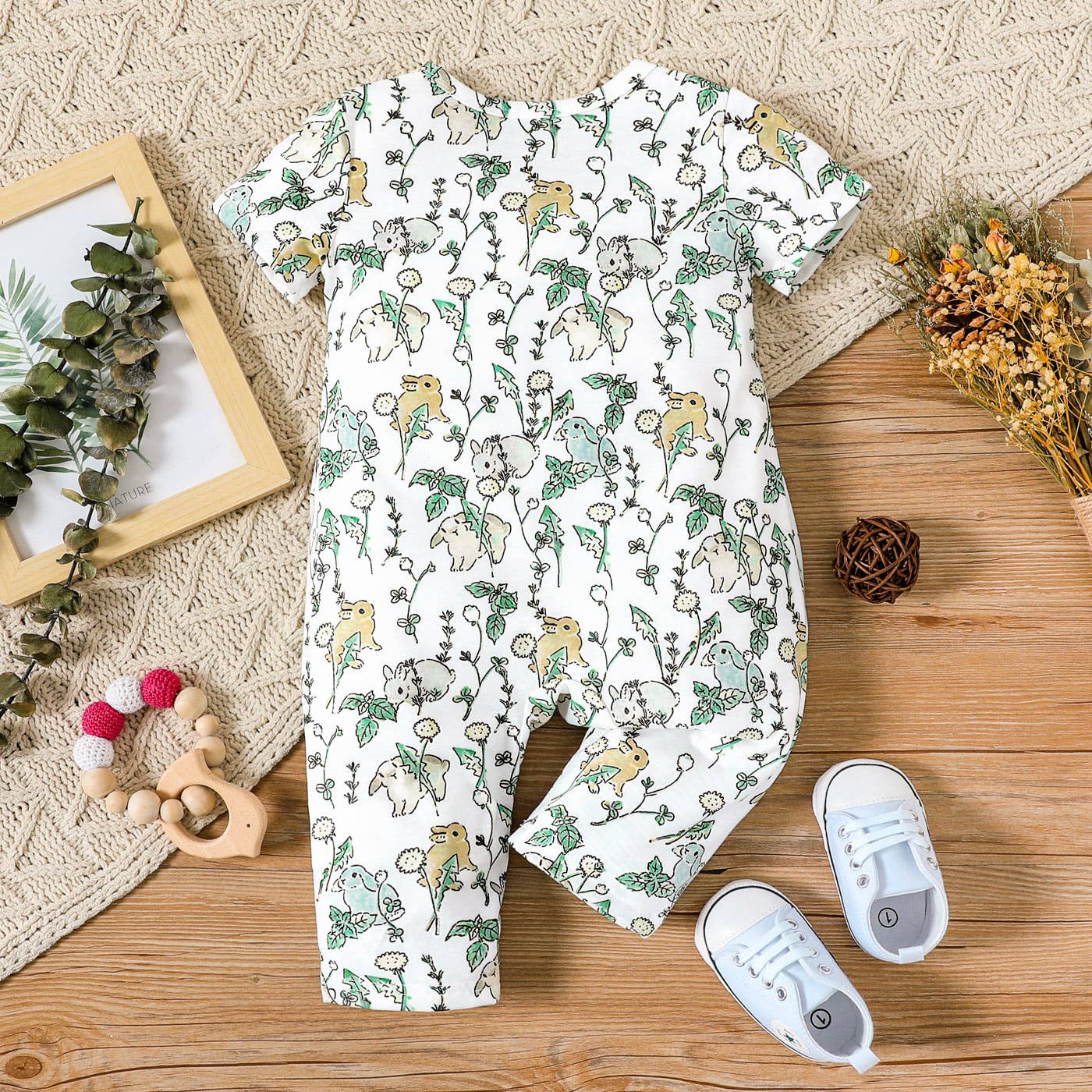 Baby Girl All Over Rabbit Solid Ribbed V Neck Jumpsuit: 3-6 Months / Color block