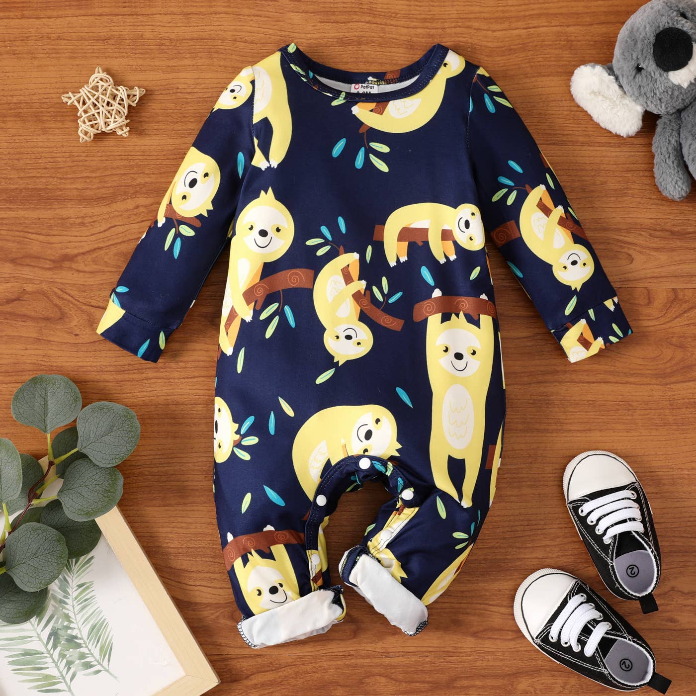 Baby Boy Cartoon Sloth Print White Long-sleeve Jumpsuit: 9-12 Months / White