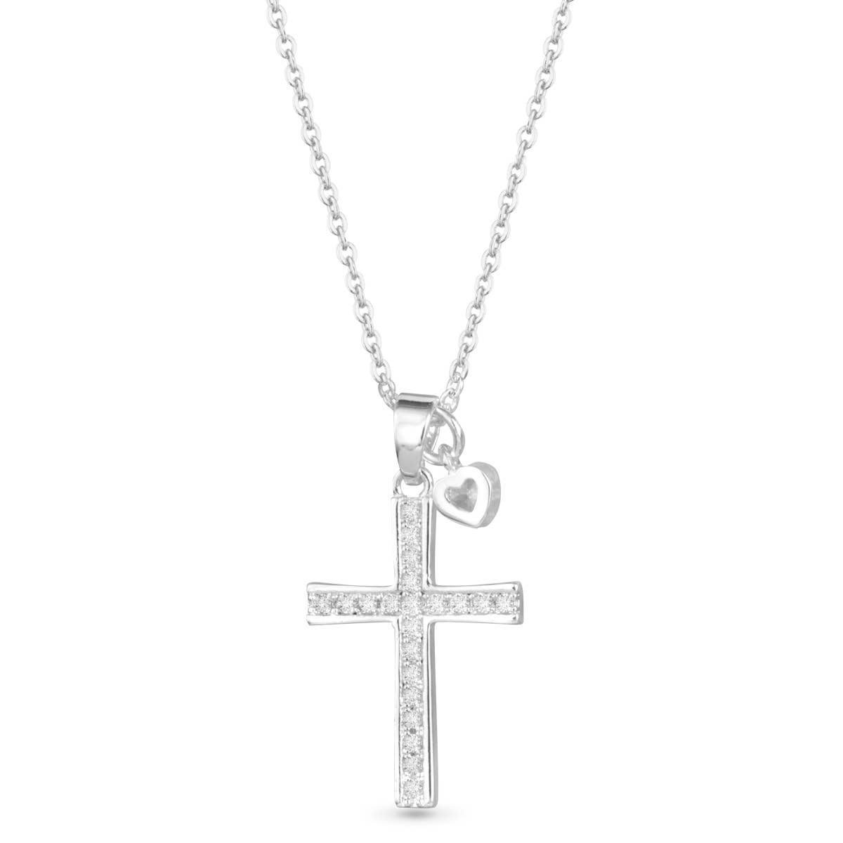 50136 Pave Cross with Heart Droplet Necklace - Silver AMANDA BLU
