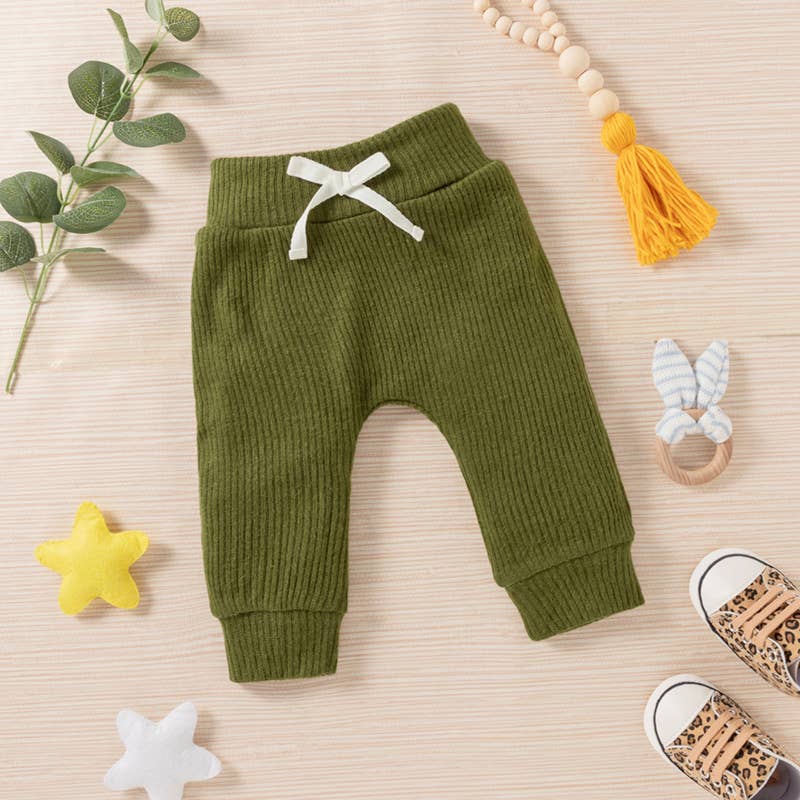 Baby BoyGirl 3pcs Solid Ribbed Long-sleeve and Trouser Set: 12-18 Months / Brown
