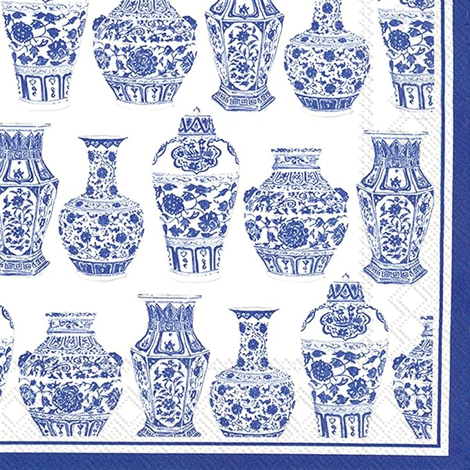 IHR Rosanne Beck Collections Cocktail Beverage Paper Napkins, 5" x 5", Blue and White Urns, 20 Count