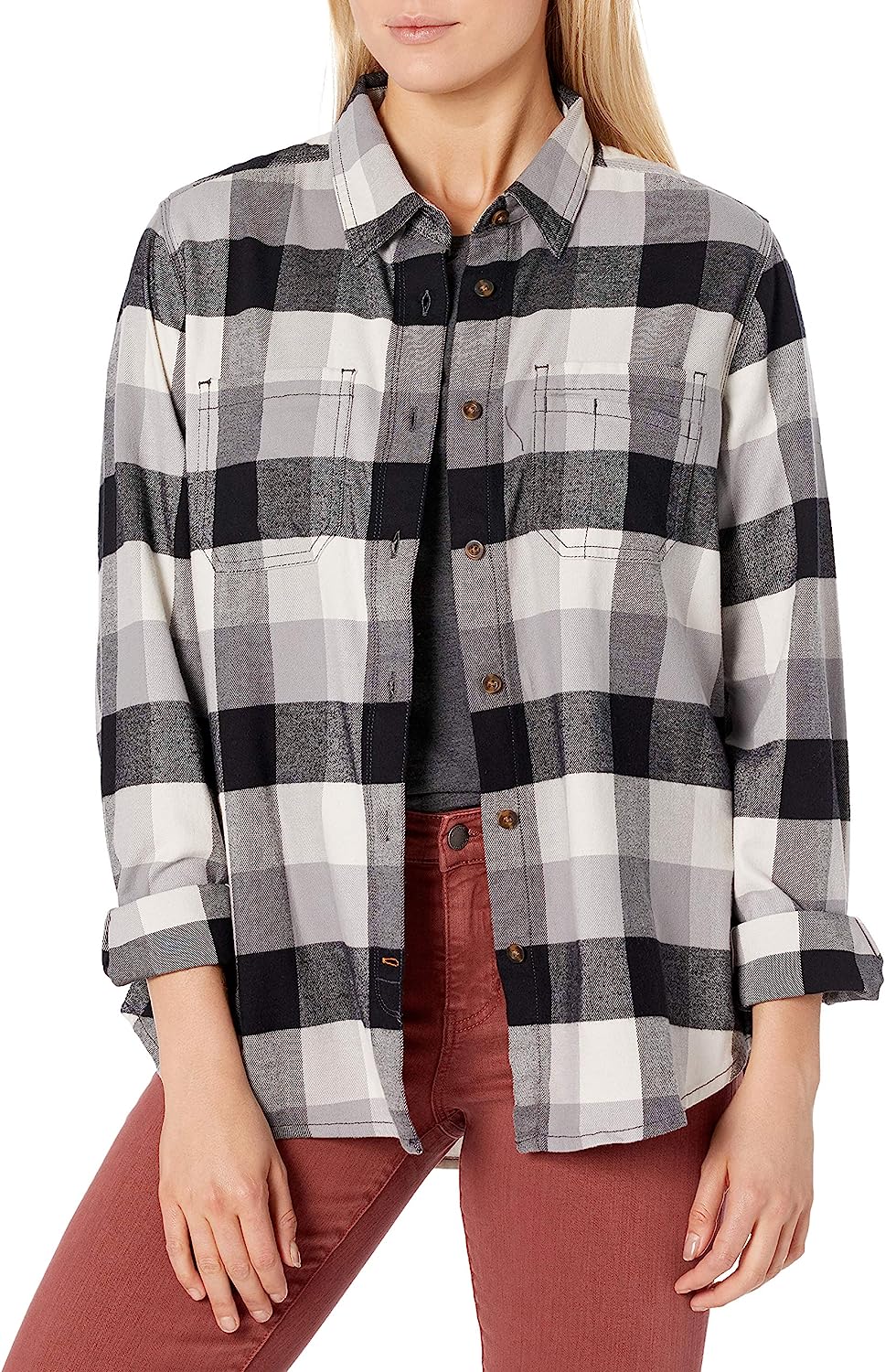 WOMENS RUGGED FLEX RELAXED FIT PLAID FLANNEL SHIRT