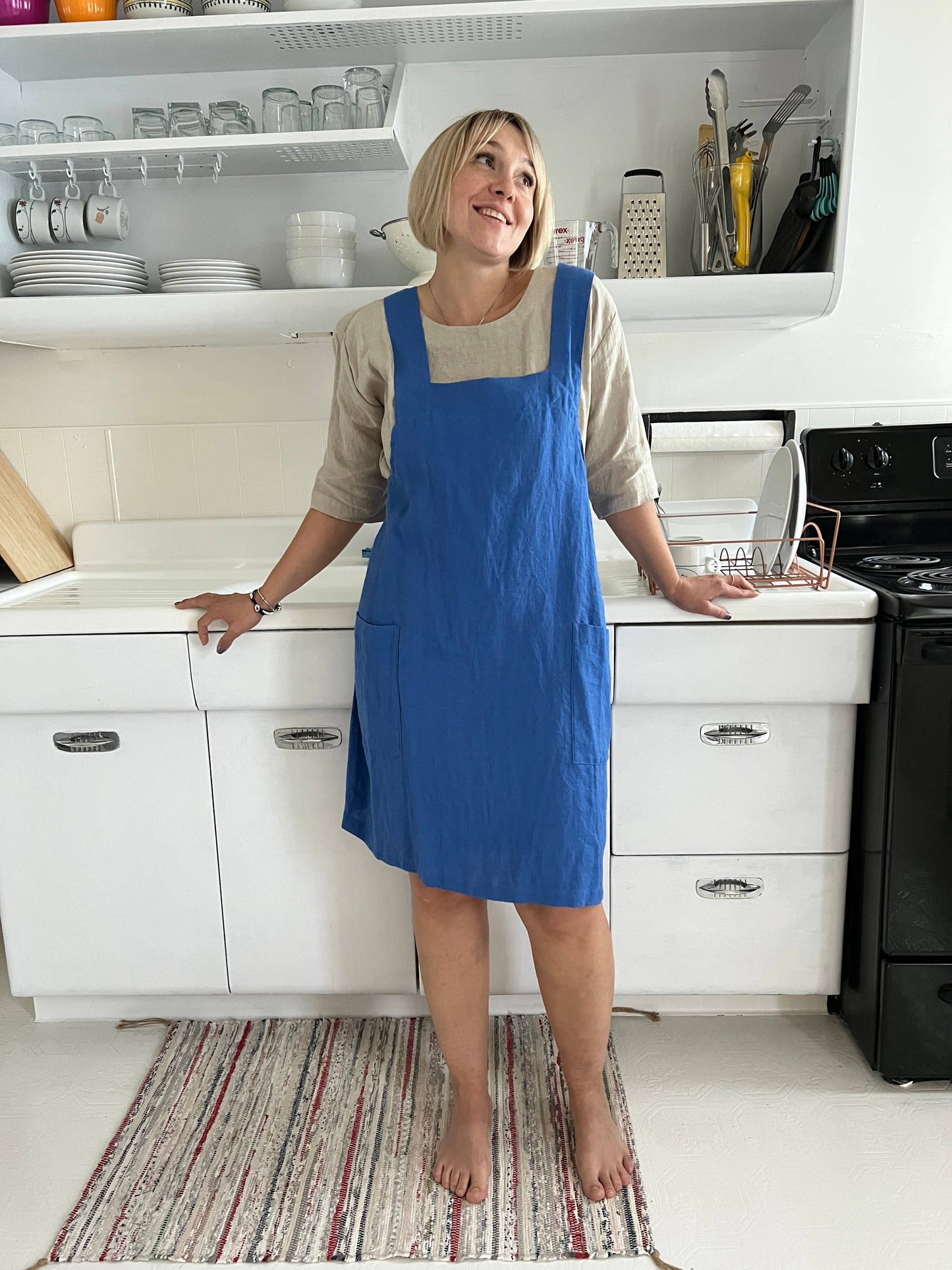 Linen Pinafore ( Japanese Apron): Clay / One Size ( US 14 and up or for oversized/loose look)