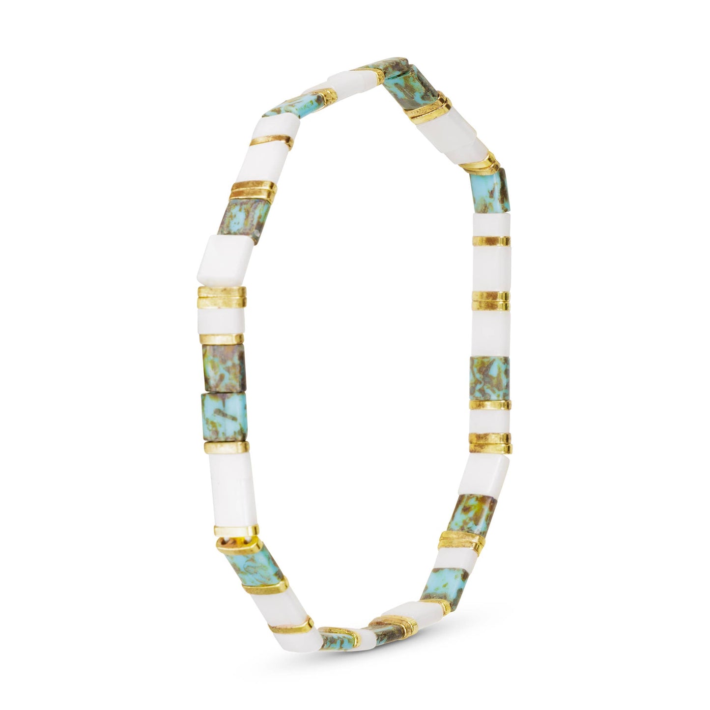 Gold Flat Bead Stretch Bracelet: White & Green Turquoise