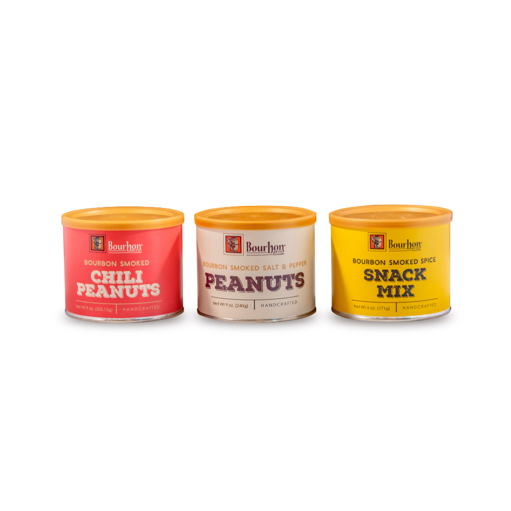 Bourbon Smoked Snack Trio – Salt And Pepper Peanuts, Snack Mix, Chili Peanuts