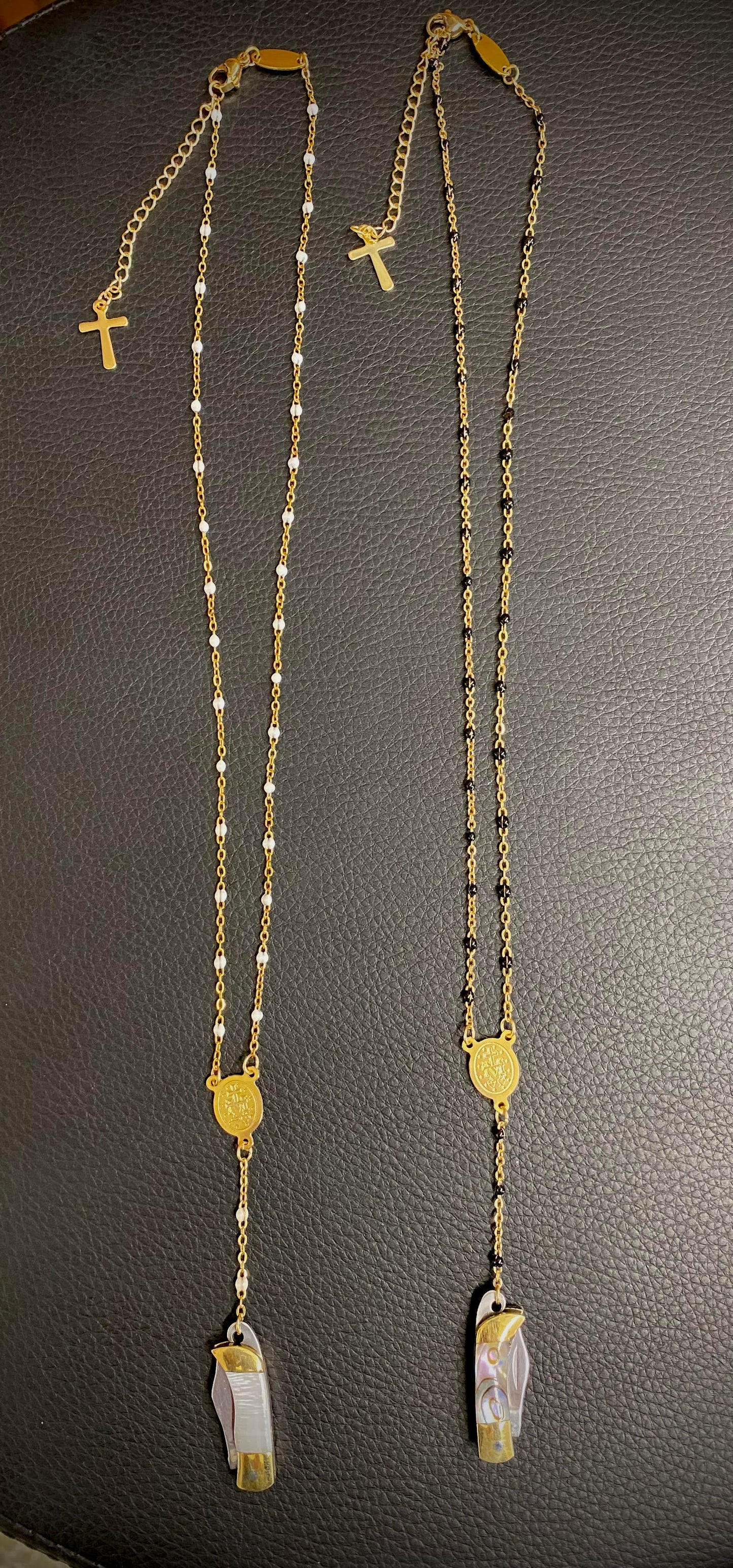 Mini Rosary Knife Necklace -- White or Black Accented Gold Chain