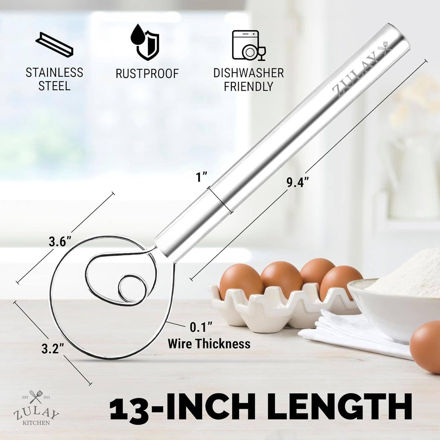 Z-DNSH-WSK-SS Danish Dough Whisk Stainless Steel - 13 inch: Single