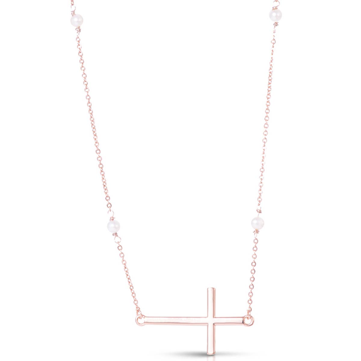 Laying Cross with Pearls Necklace - Rosegold - AMANDA BLU AG
